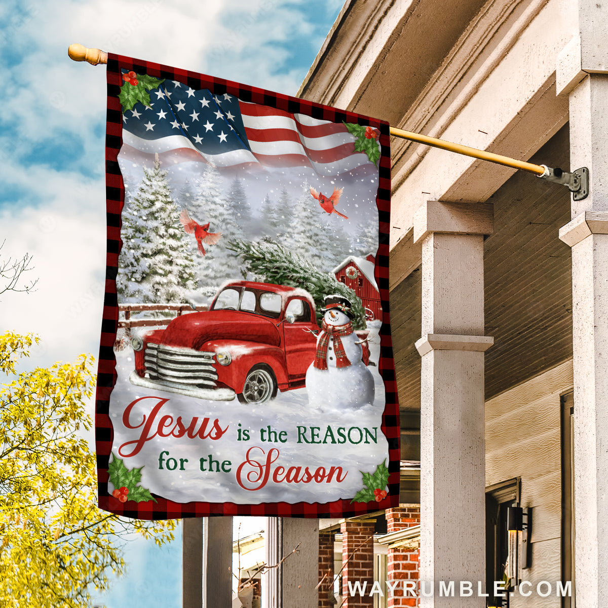 Beautiful ladybug car, Little snowman, Red cardinal, Jesus is the reason for the season - Jesus Flag
