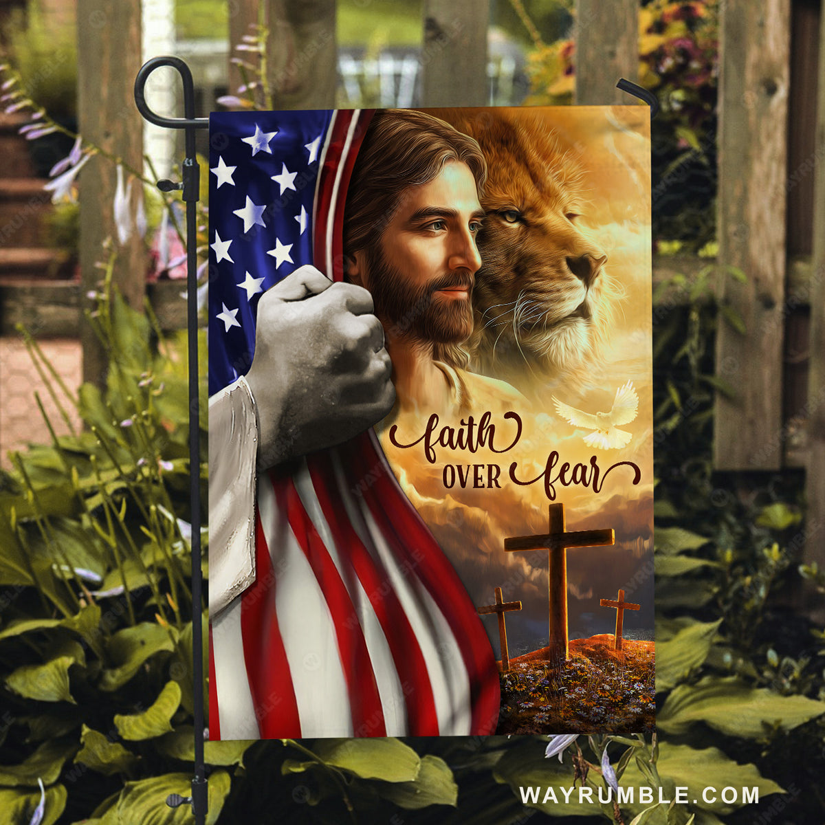 Amazing Jesus painting, Lion of Judah, Light cross, US flag, Faith over fear - Jesus Flag