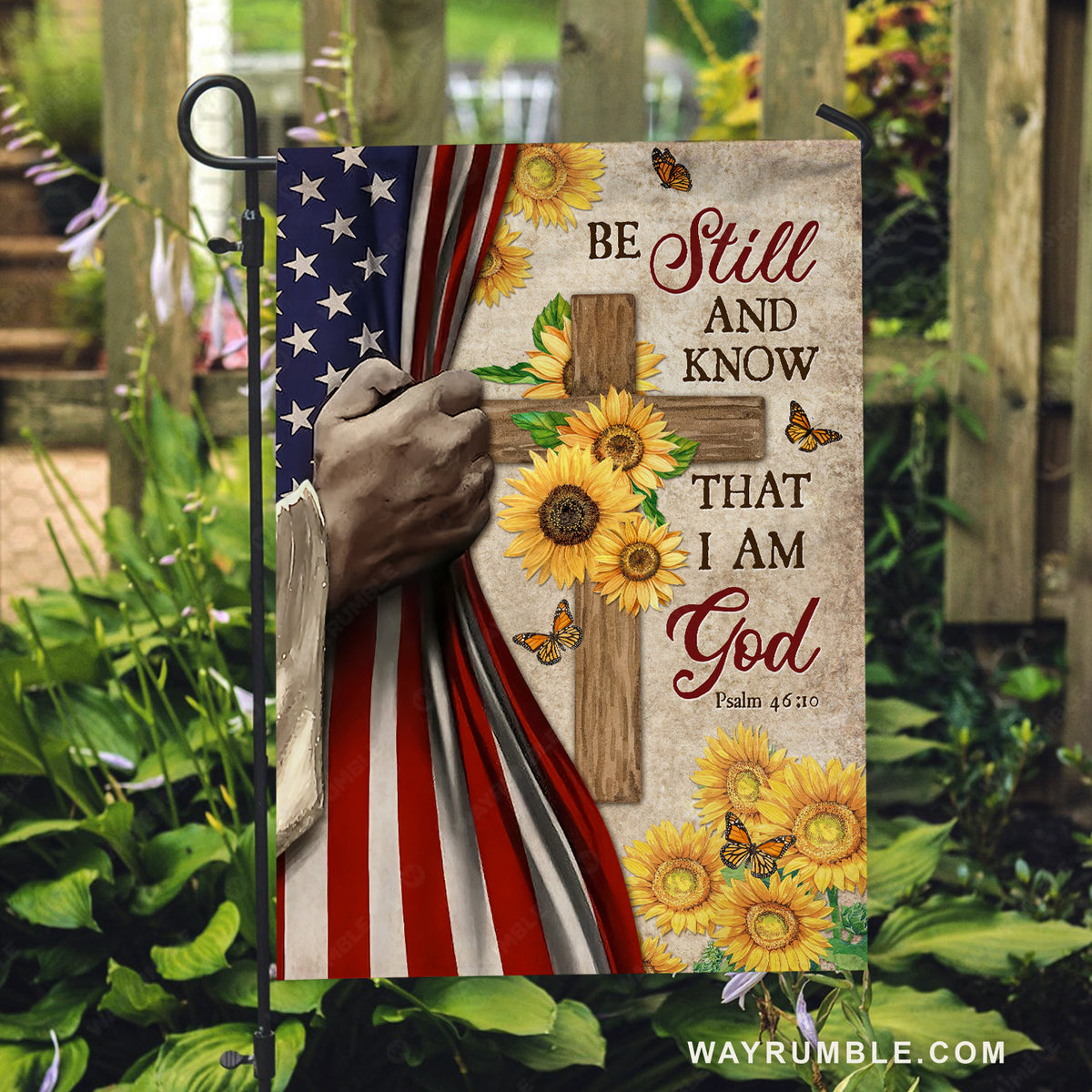 Beautiful sunflower, Wooden cross, Watercolor Jesus hand, Be still and know that I am God - Jesus Flag