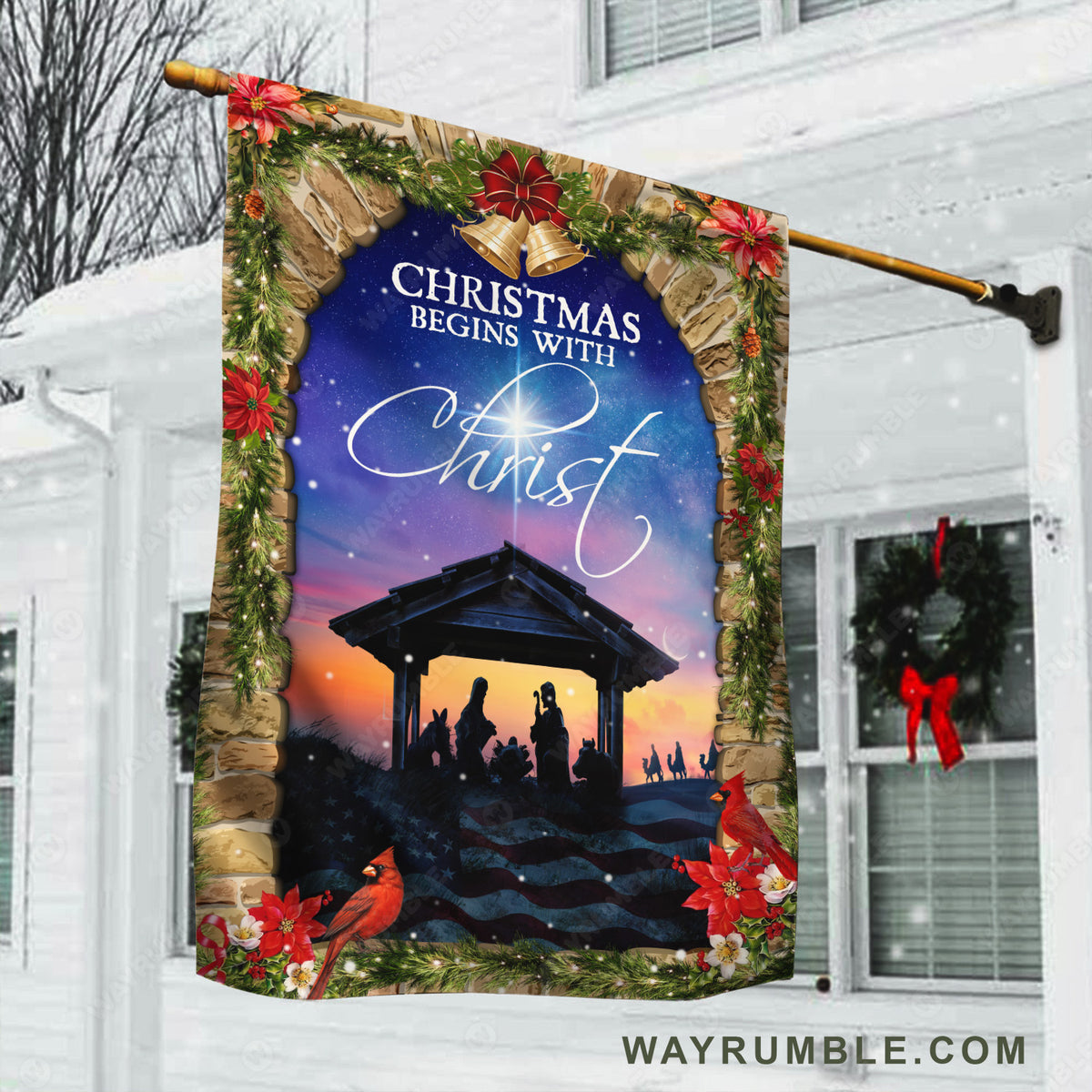 Christmas night, Jesus was born, Christmas bells, Christmas begins with Christ - Jesus Flag