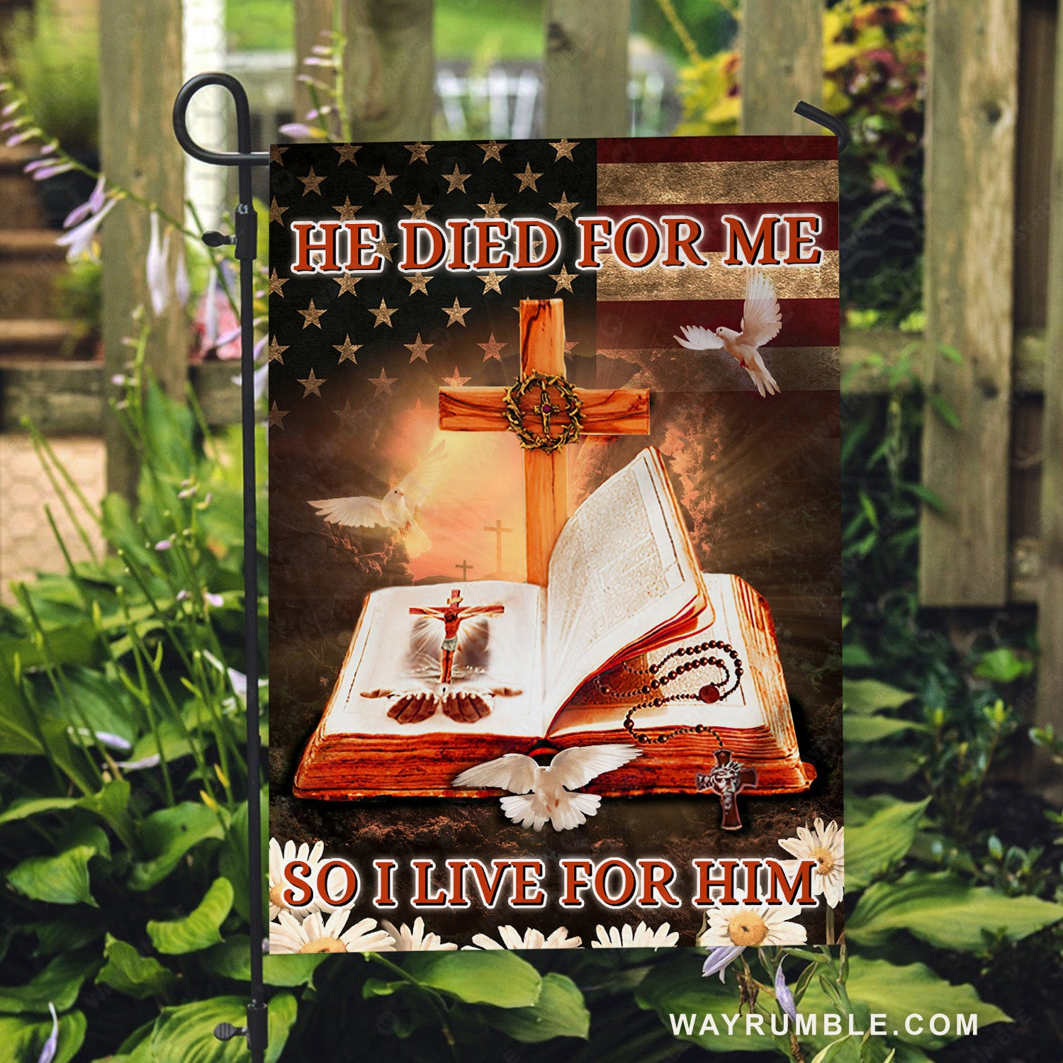Antique bible, Cross symbol, Pretty dove, He died for me, So I live for him - Jesus Flag