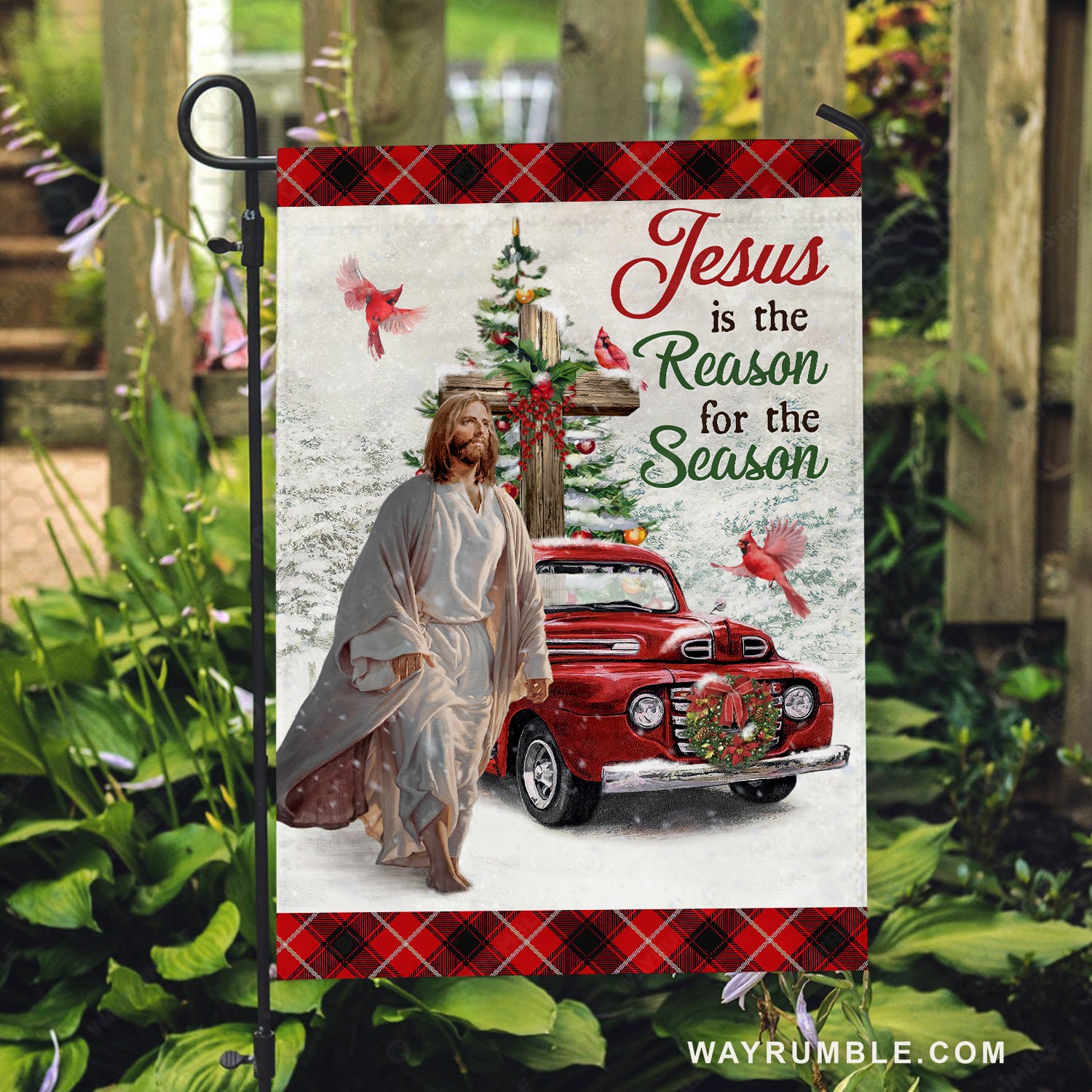 Wooden cross, Stunning ladybug car, Christmas tree, Jesus is the reason for the season - Jesus Flag
