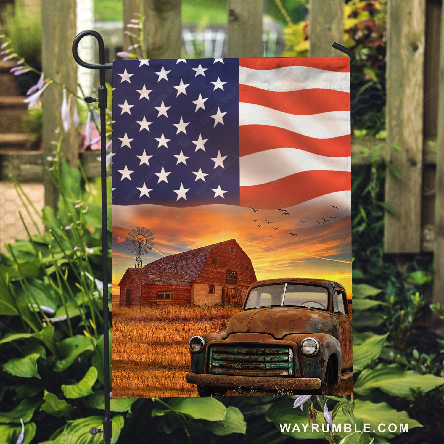 Antique ladybug car, Rice field, Big US flag, Old barn - Jesus Flag