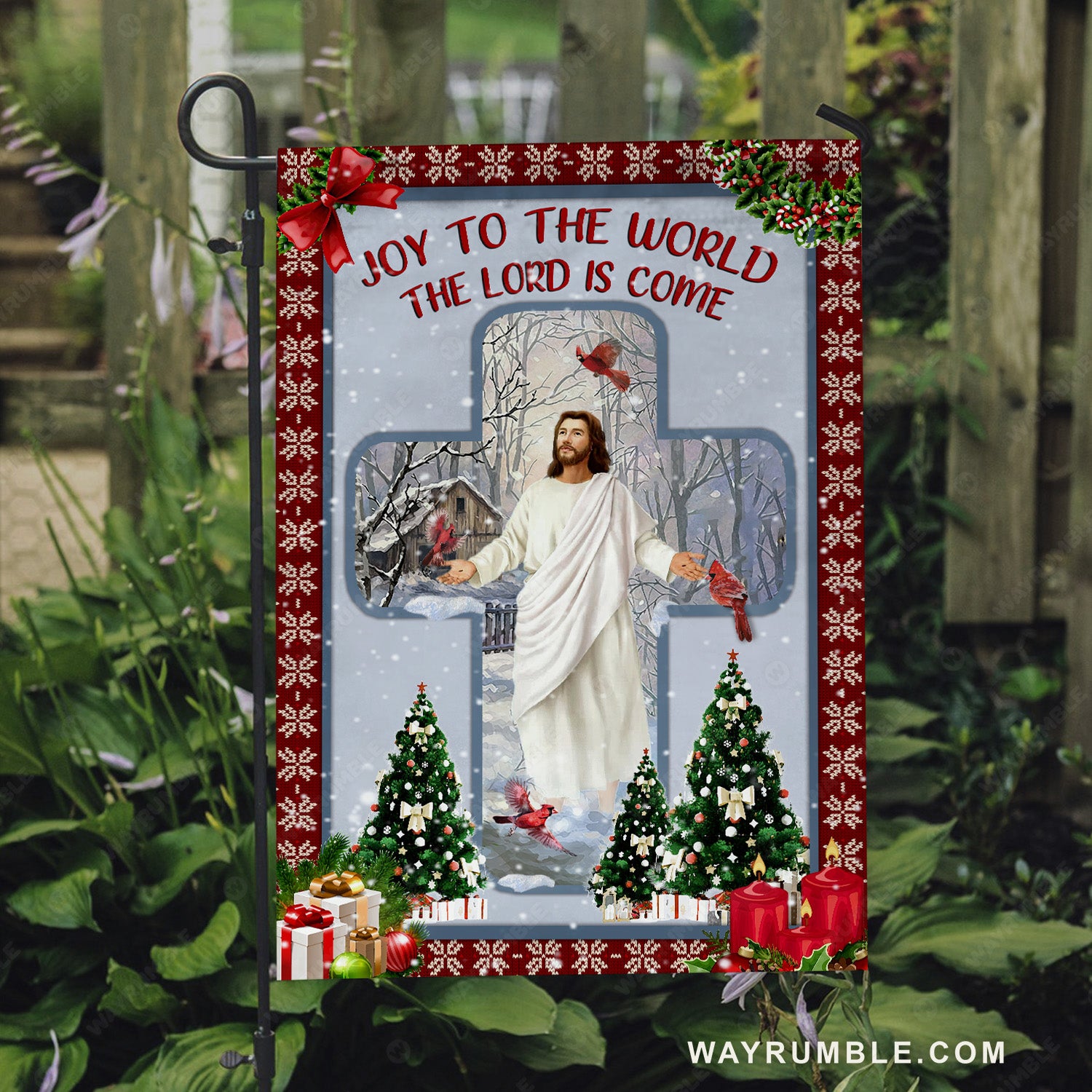 Christmas tree, Jesus drawing, Lucky cardinal, Joy to the world - Jesus Flag