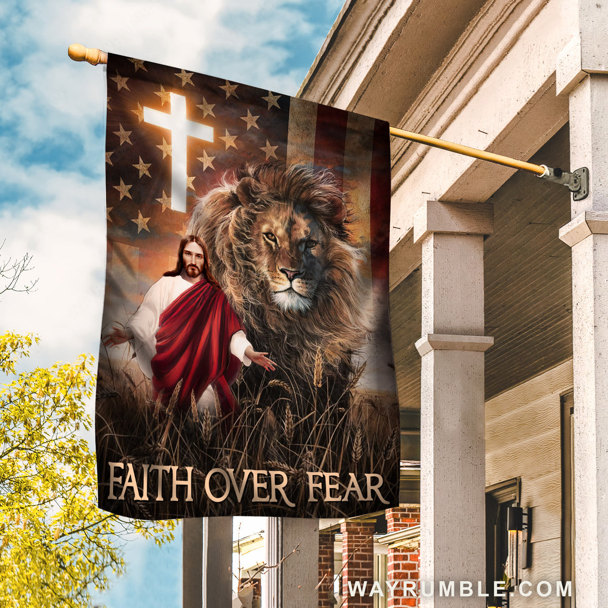 Stunning lion, The real face of Jesus, Light cross, Faith over fear - Jesus Flag
