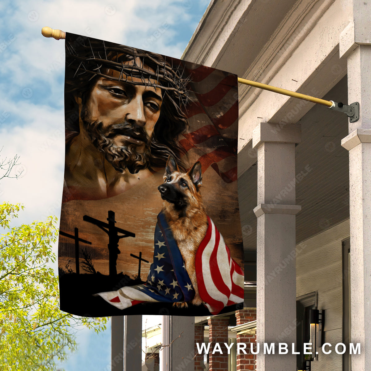 Watercolor Jesus drawing, German shepherd dog, Big US flag - Jesus Flag