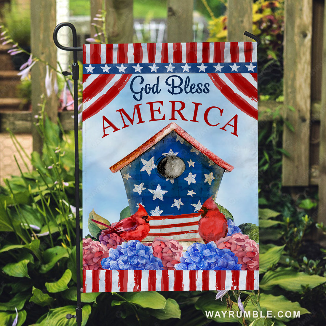Beautiful birdhouse, Red cardinal, Colorful hydrangea, God bless America - Jesus Flag