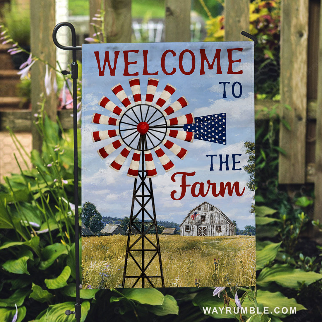 Beautiful windmill, Green meadow, Blue sky, Welcome to the farm - Jesus Flag