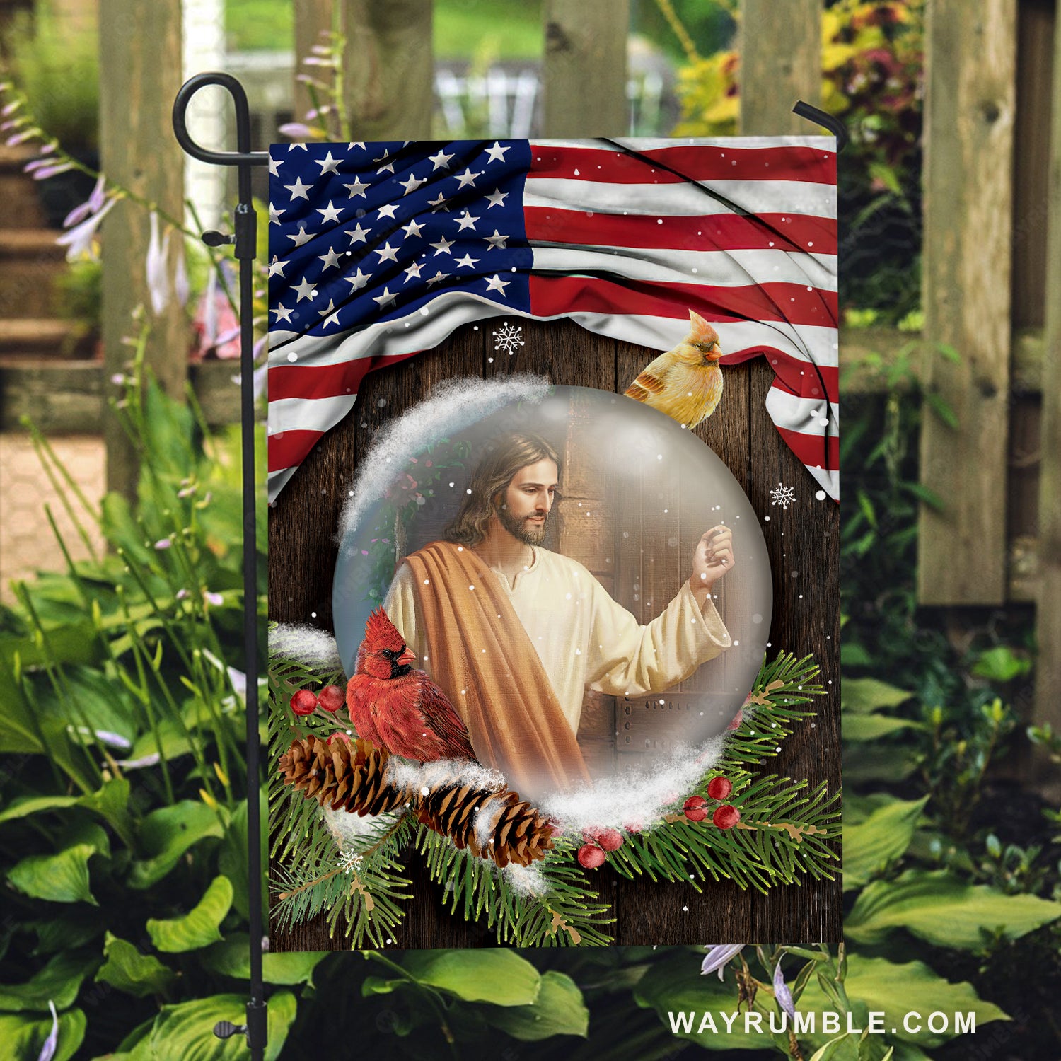 Christmas flag, Amazing Jesus, Colorful cardinal, US flag background - Jesus Flag