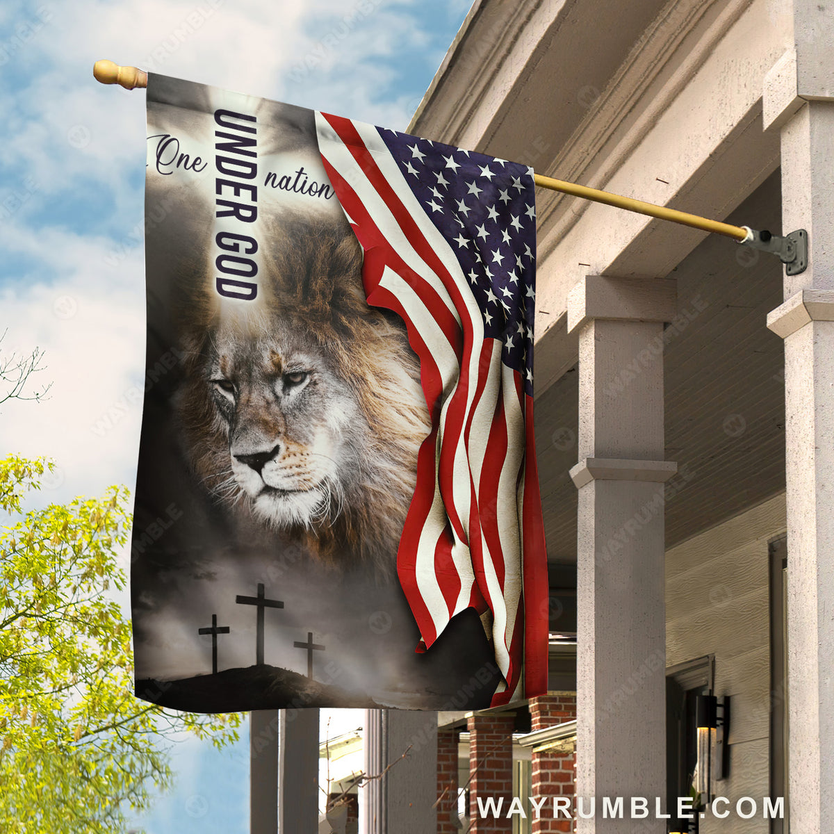 Face of lion, Cross symbol, Beautiful US flag, One nation under God - Jesus Flag