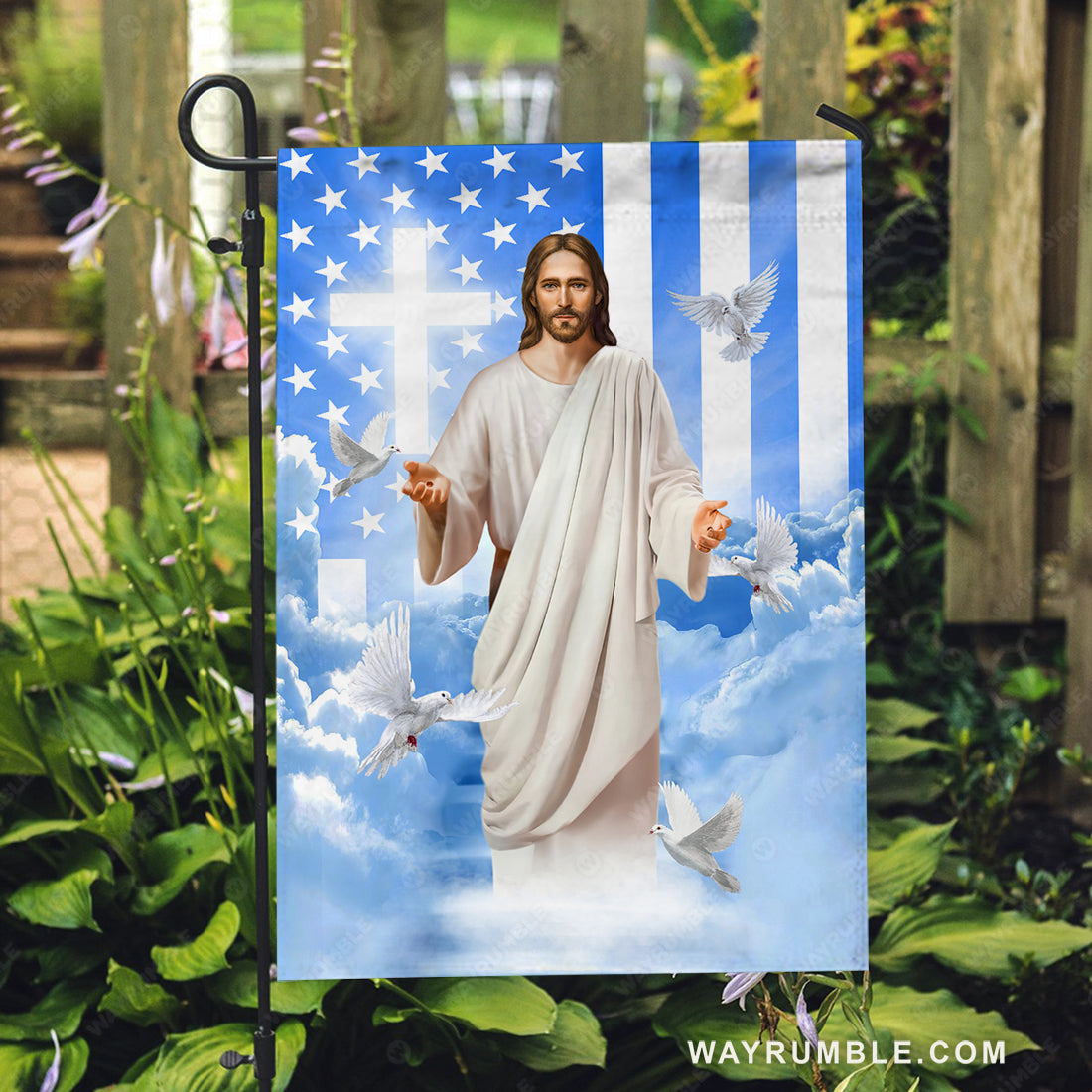 Jesus painting, White dove, Blue sky, US flag, Walking with Jesus - Jesus Flag