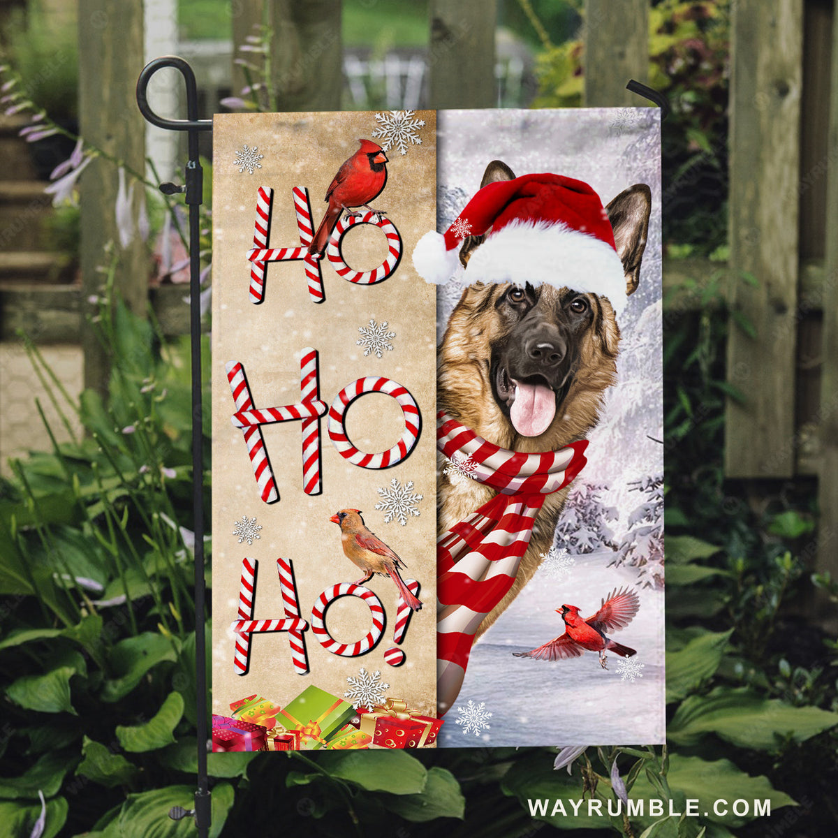 Christmas hat, Lovely German Shepherd, Colorful cardinal, Ho ho ho - Jesus Flag