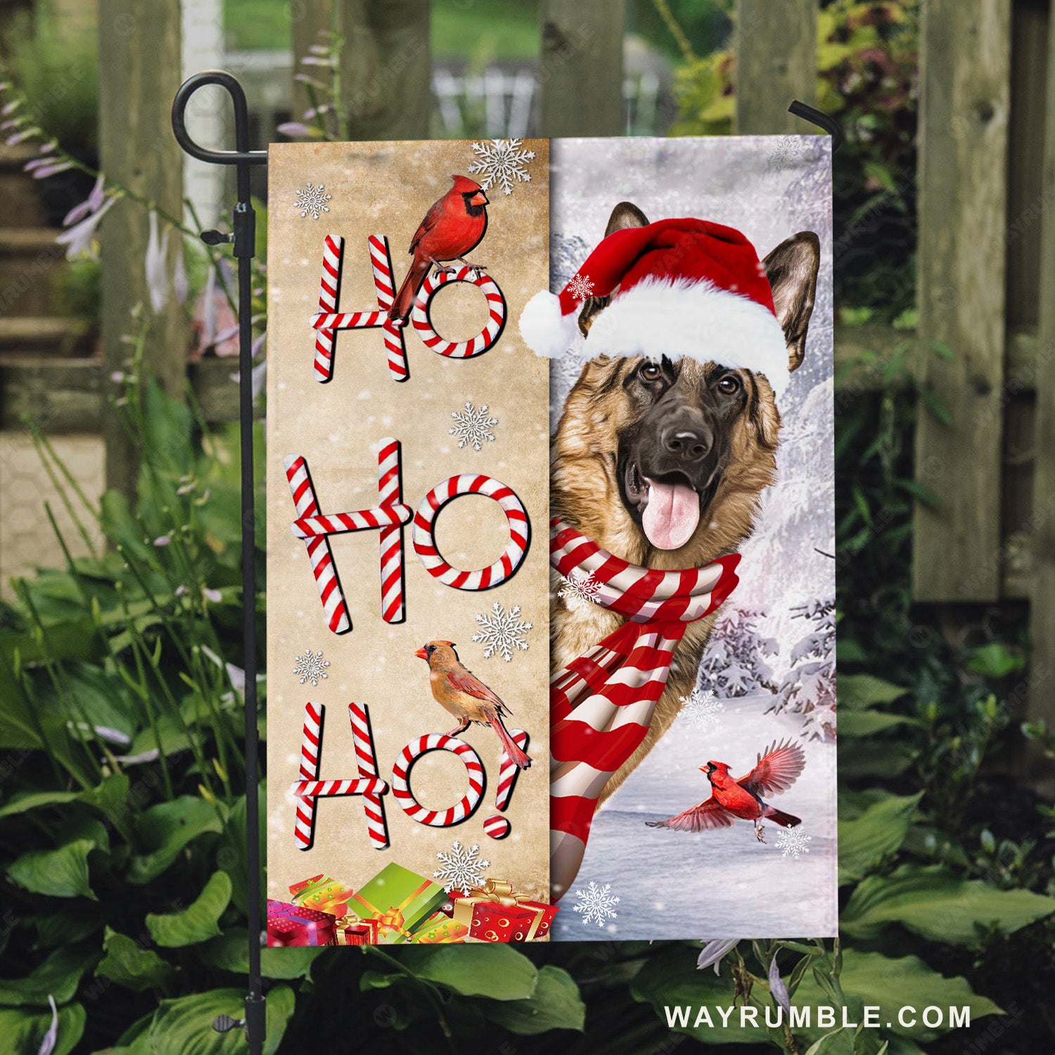 Christmas hat, Lovely German Shepherd, Colorful cardinal, Ho ho ho - Jesus Flag