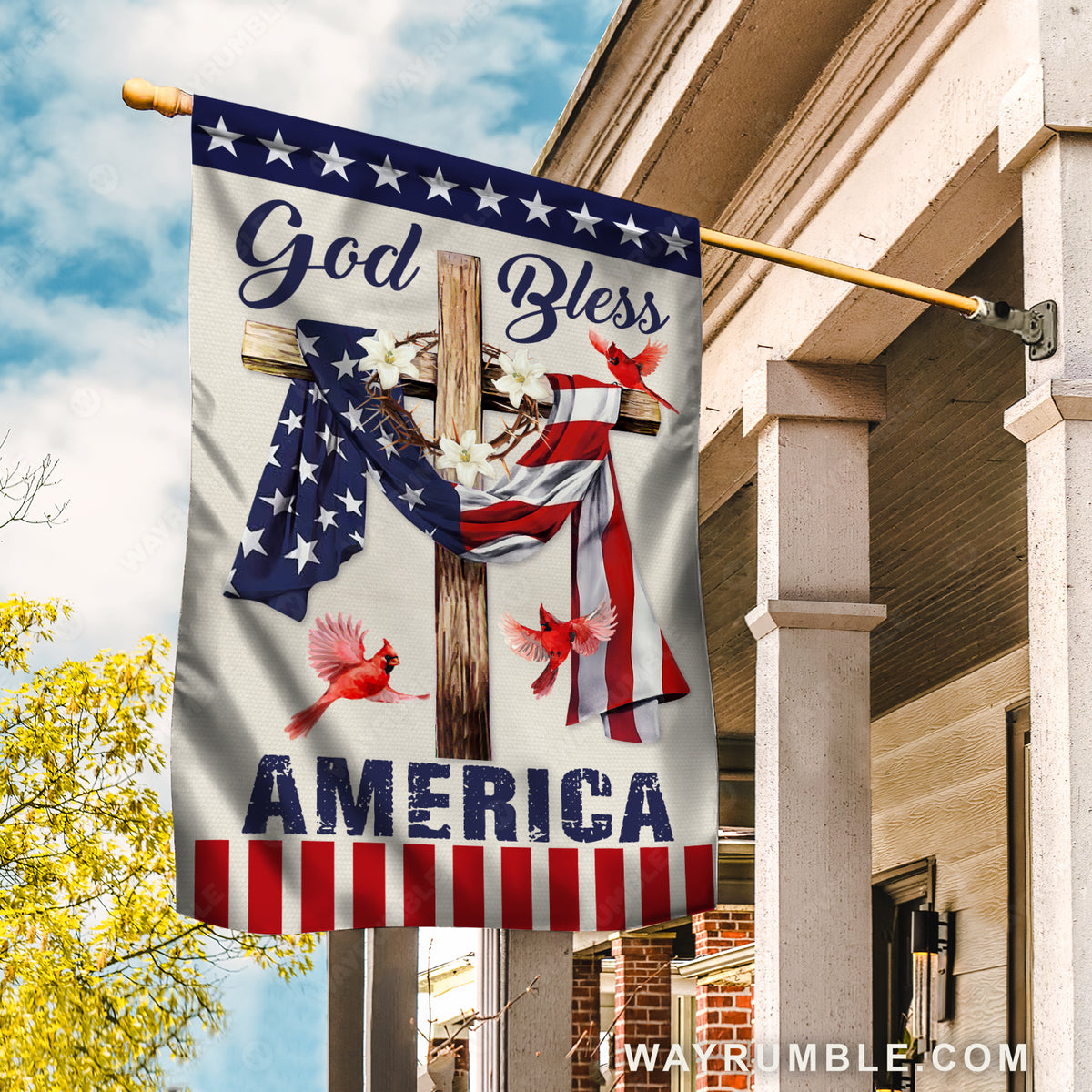 Lily flower wreath, Red cardinal, Cross symbol, God bless America - Jesus Flag