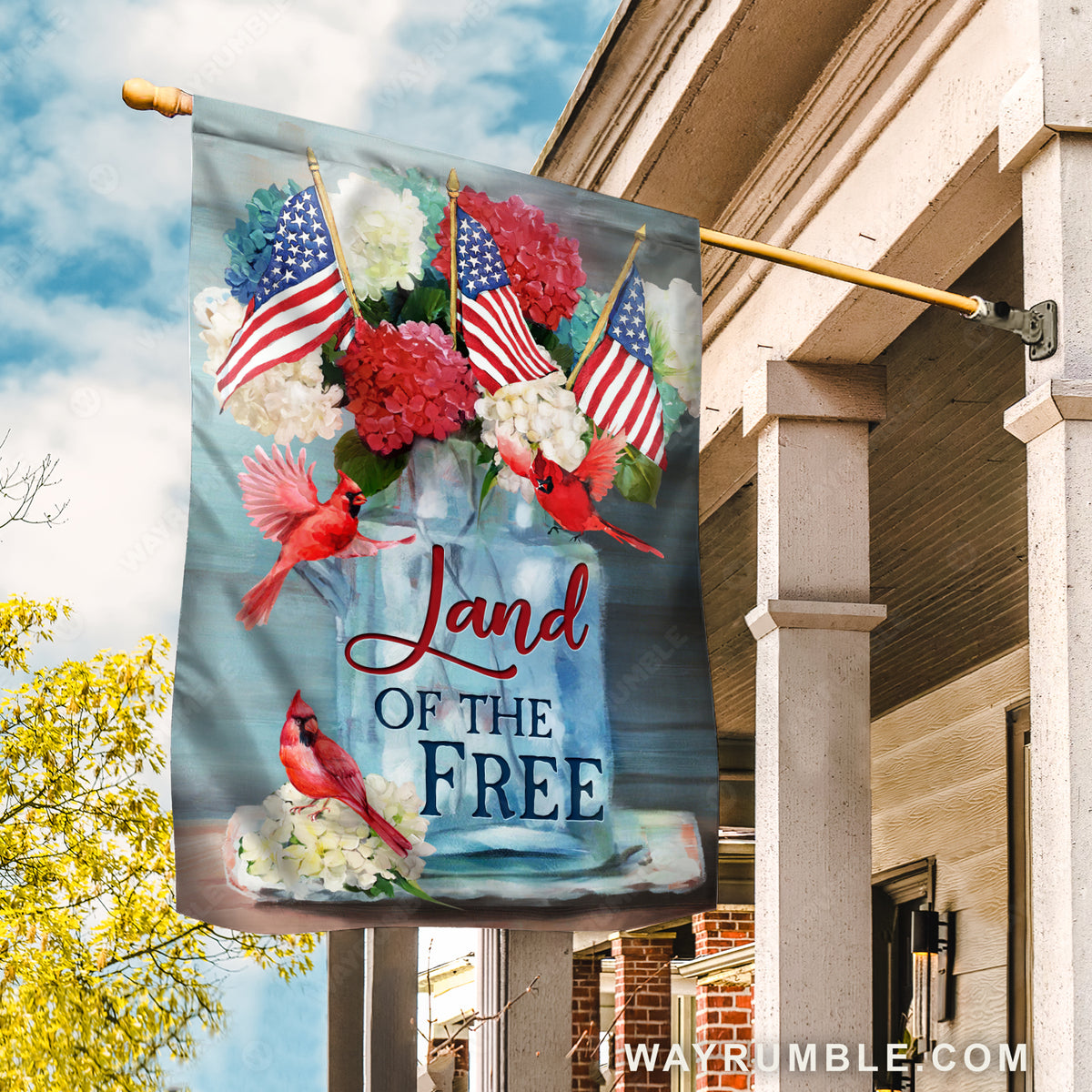 Colorful hydrangea, Lucky cardinal, Small US flag, Land of the free - Jesus Flag