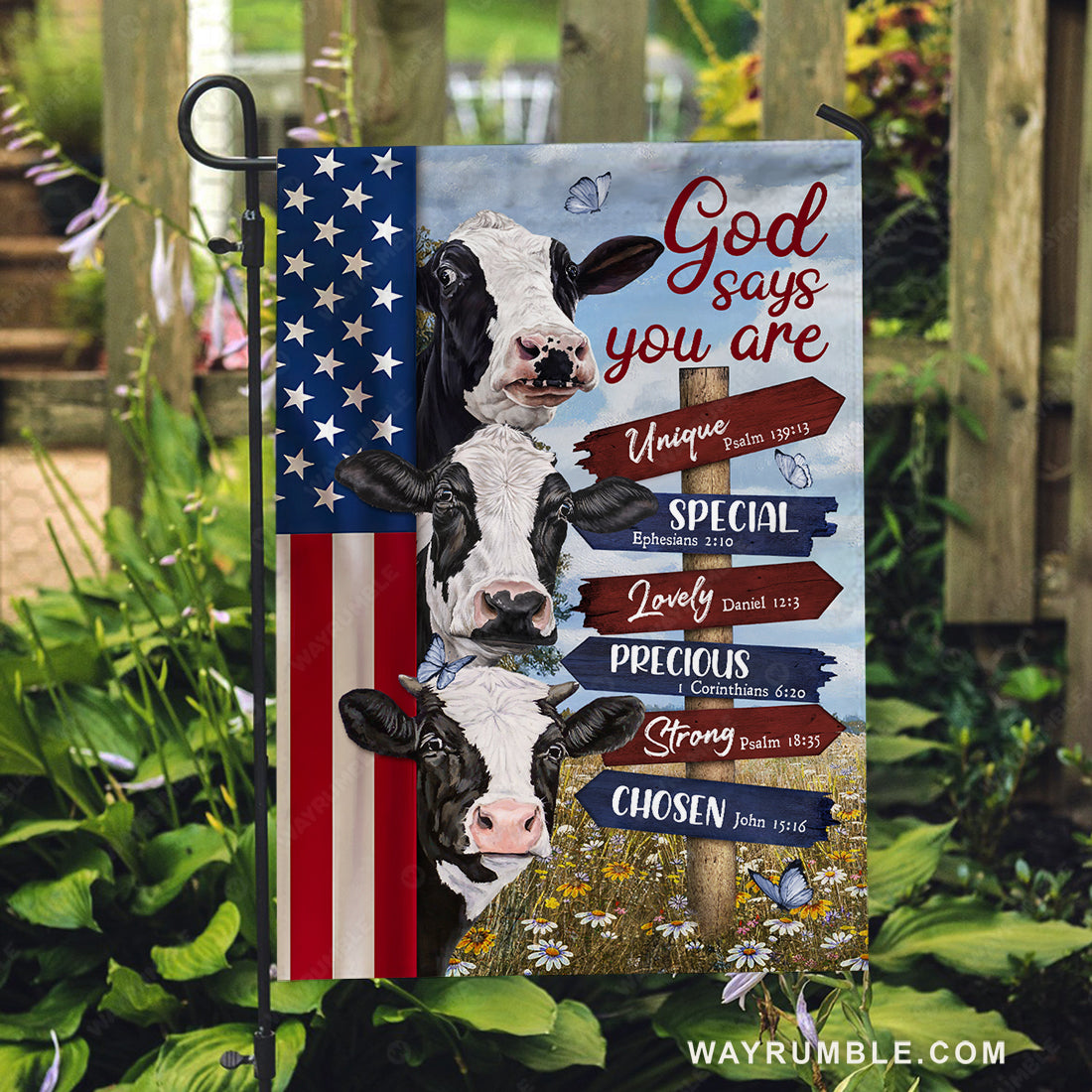 Dairy cow drawing, Daisy field, US flag, God says you are unique - Jesus Flag
