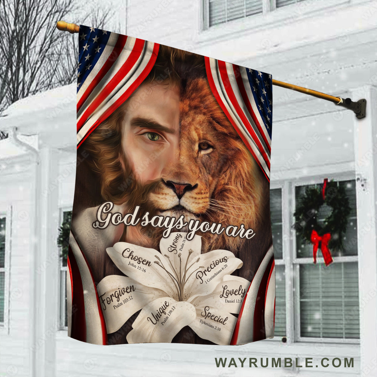 Vintage lily flower, Beautiful Jesus face, Lion of Judah, God says you are unique - Jesus Flag
