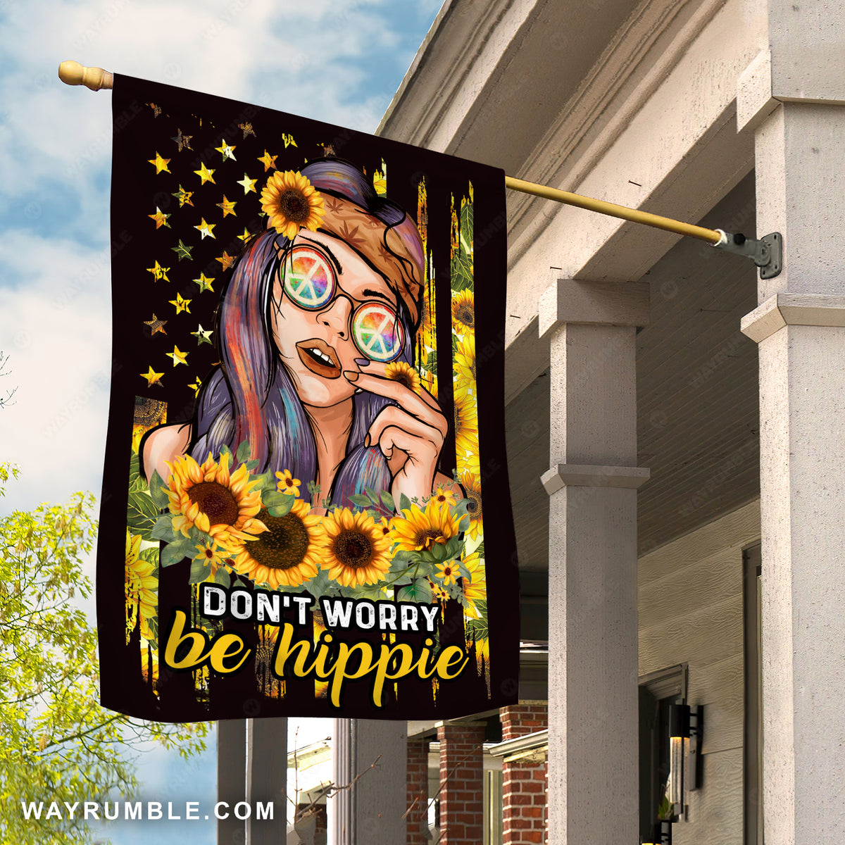 Hippie girl, Sunflower background, US flag, Don&#39;t worry, Be hippie - Jesus Flag