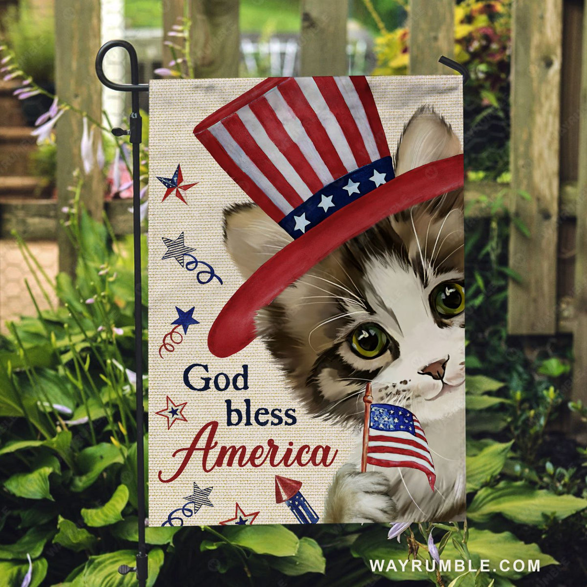 Kitty painting, American flag hat, God bless America - Jesus Flag
