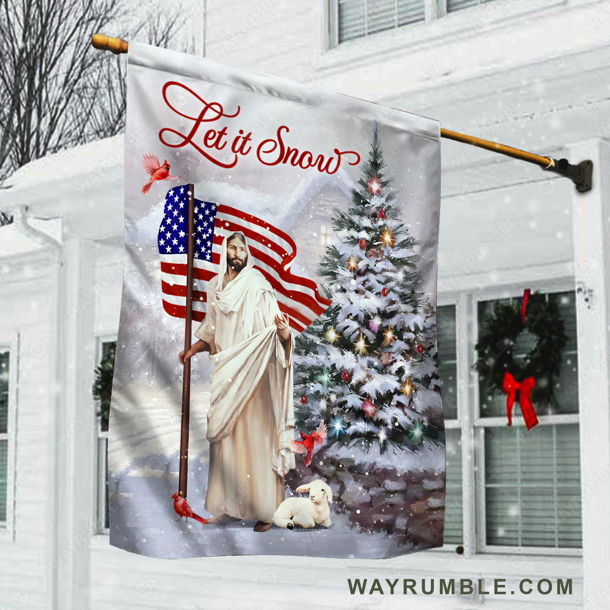 Pretty Christmas tree, White lamb, Beautiful US flag, Let it snow - Jesus Flag