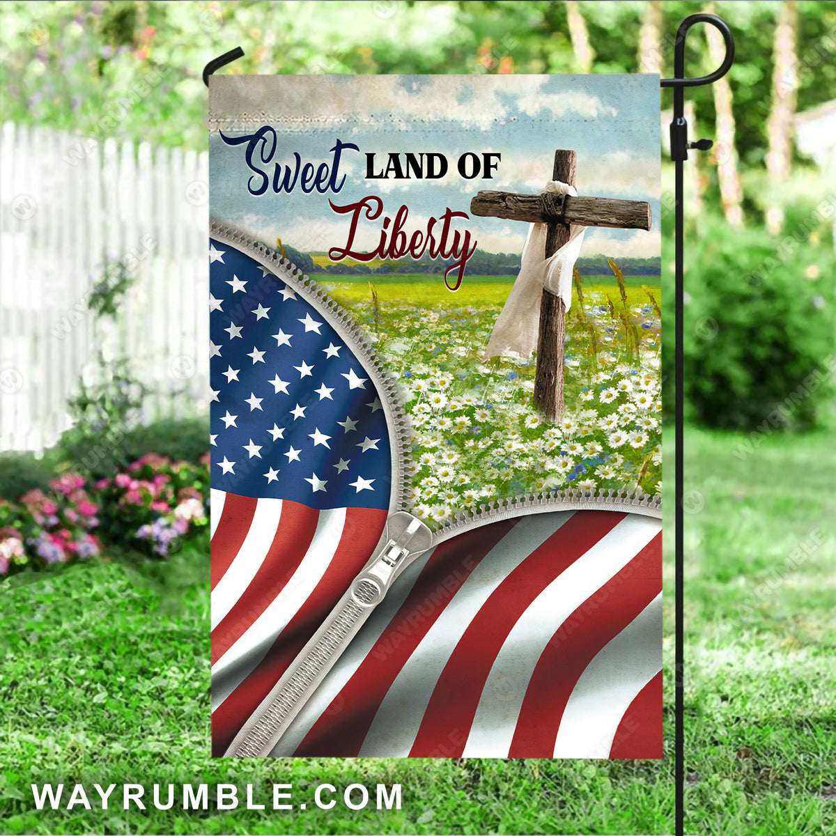 Beautiful daisy field, Brown cross, US flag, Sweet land of liberty - Jesus Flag