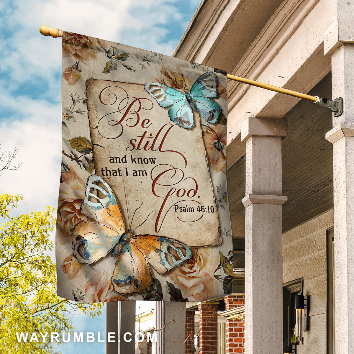 Antique butterfly, Vintage letter, Be still and know that I am God - Jesus Flag