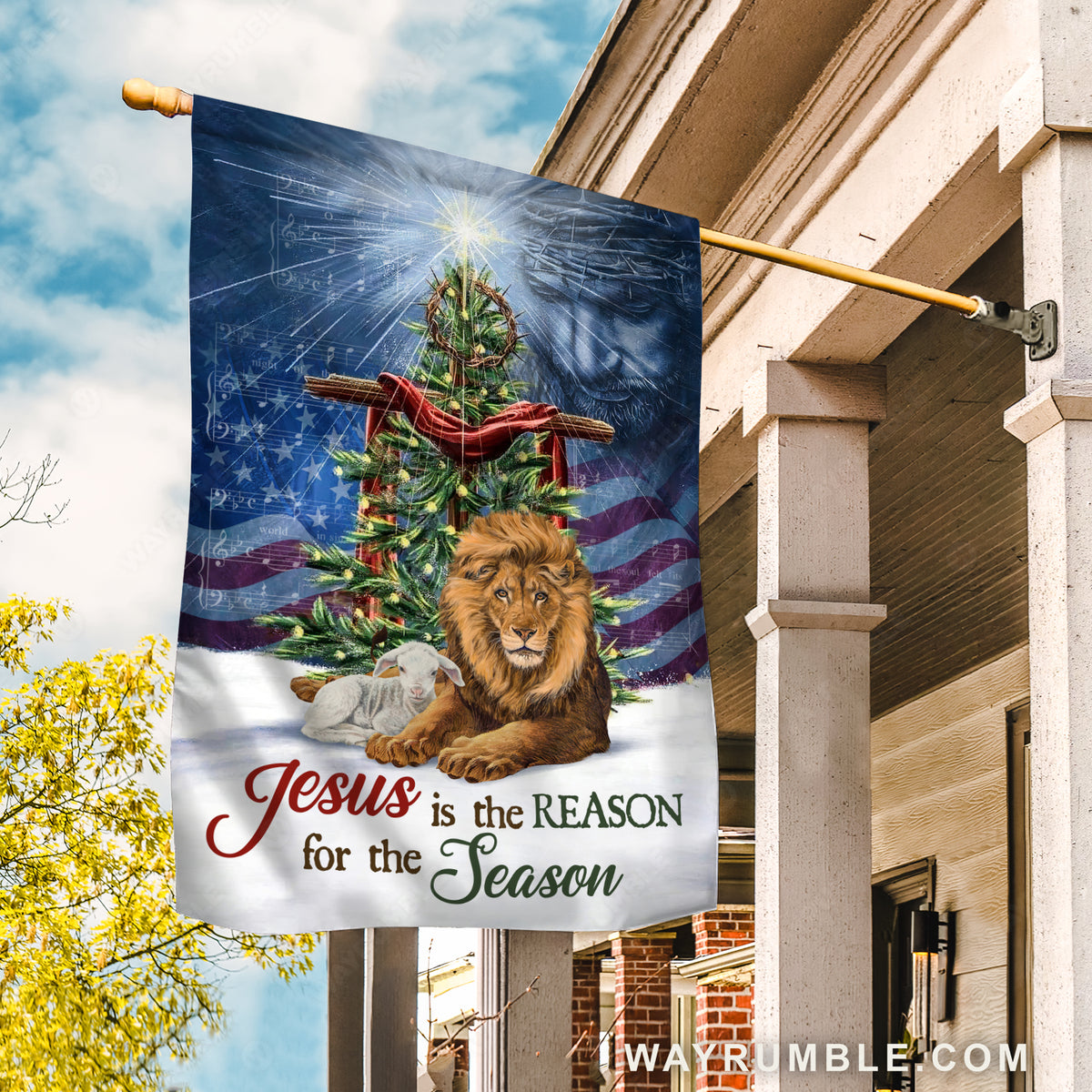 Brown lion of Judah, Awesome Christmas tree, Cross symbol, Jesus is the reason for the season - Jesus Flag