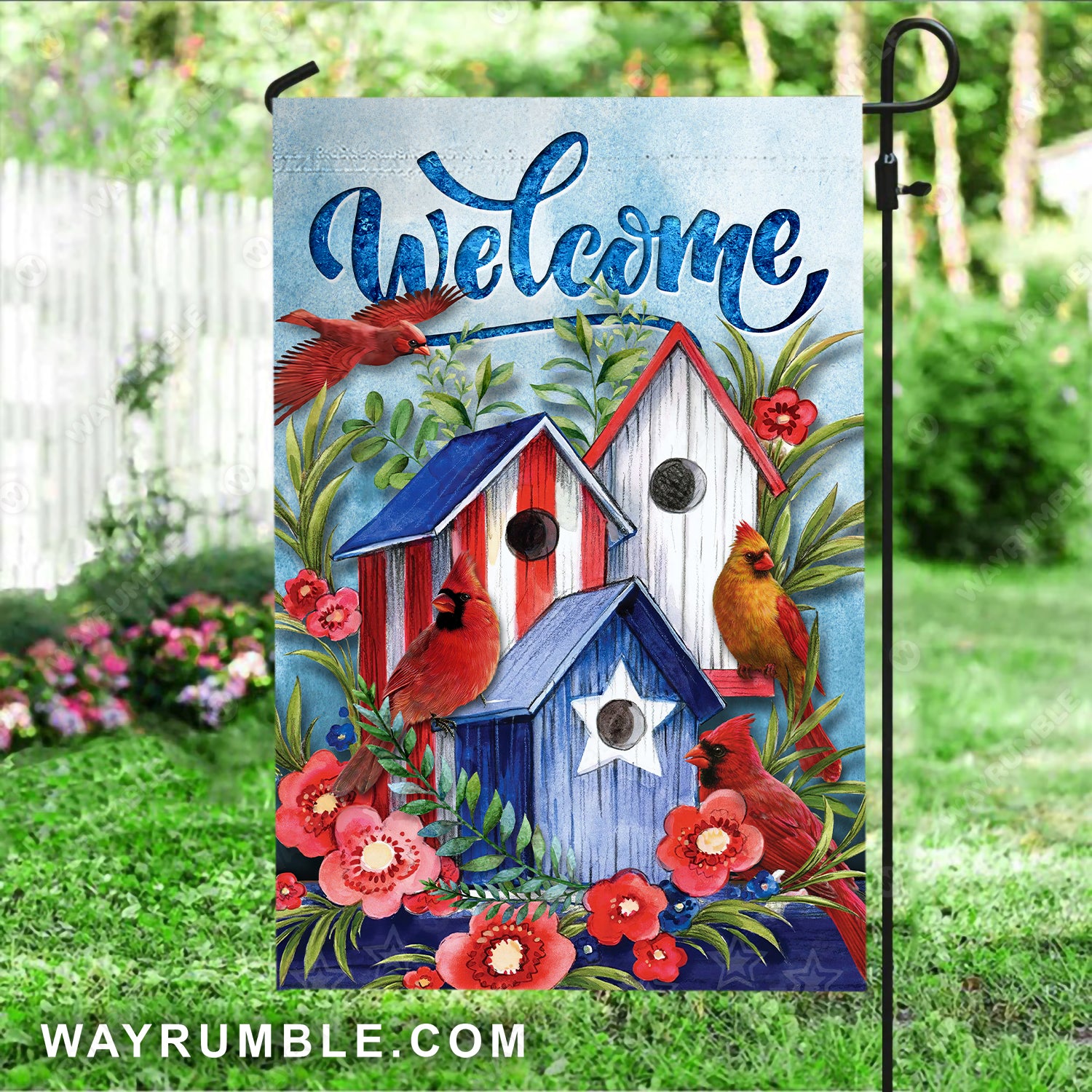 Pretty birdhouse, Watercolor cardinal, Red flower, Welcome - Jesus Flag