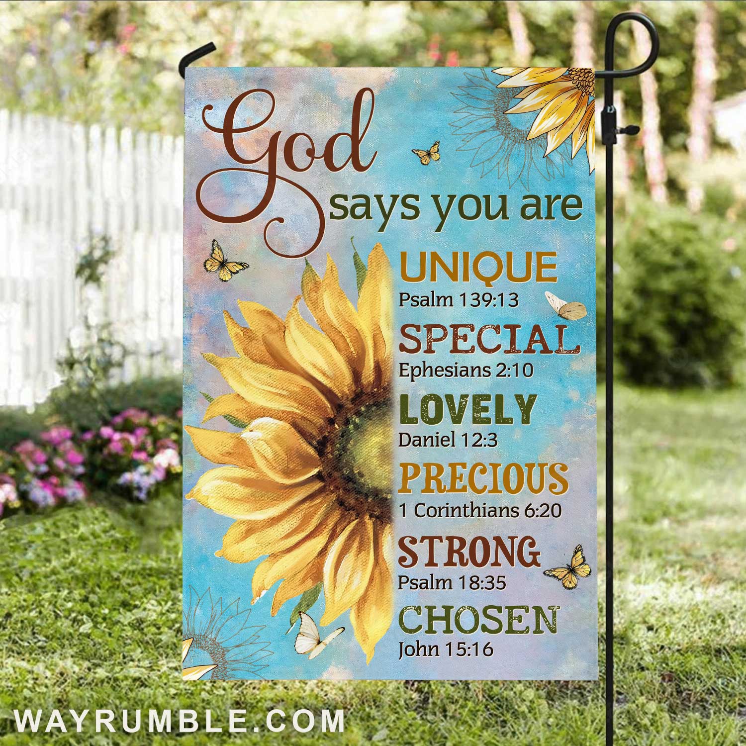 Watercolor sunflower, Yellow butterfly, God says you are unique - Jesus Flag