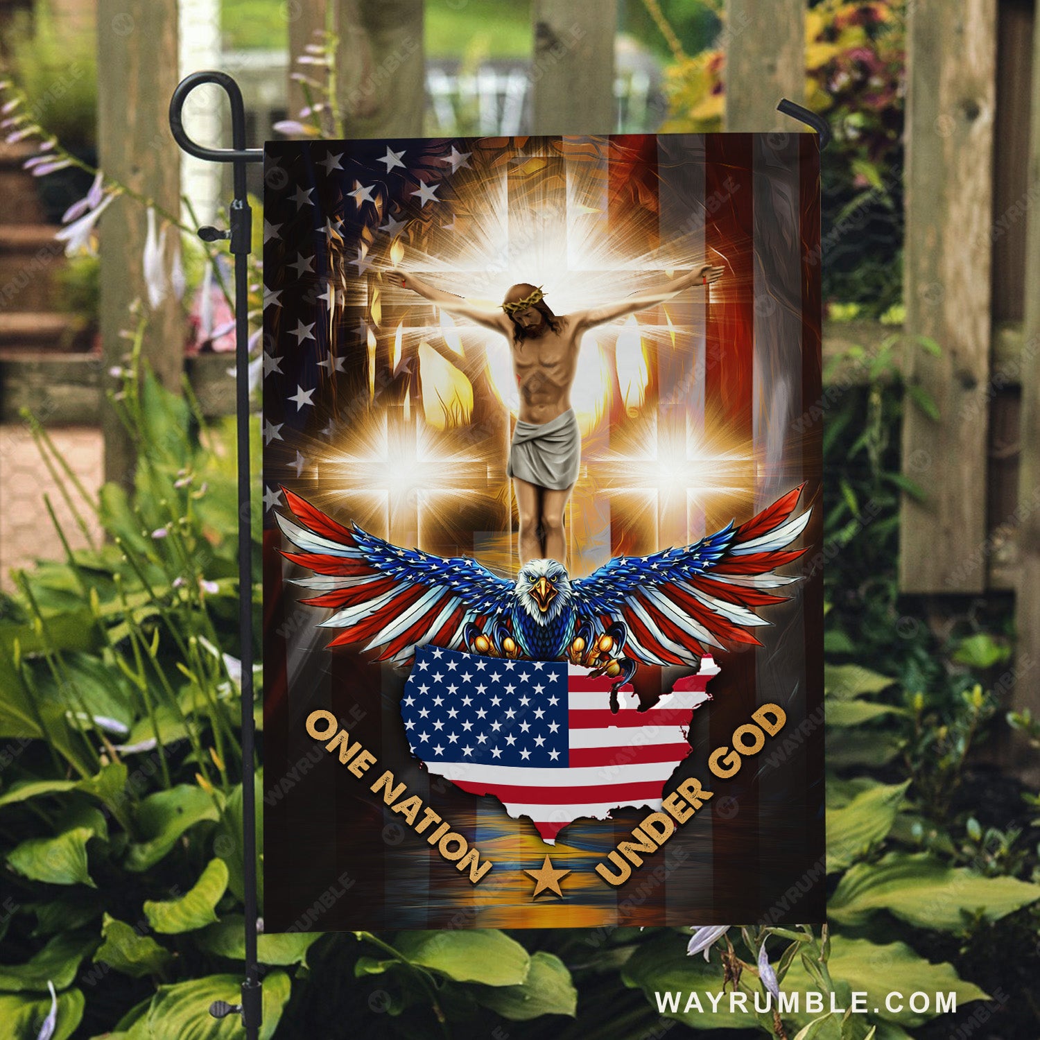 Jesus on the cross, Stunning eagle, US flag painting, One nation under God - Jesus Flag
