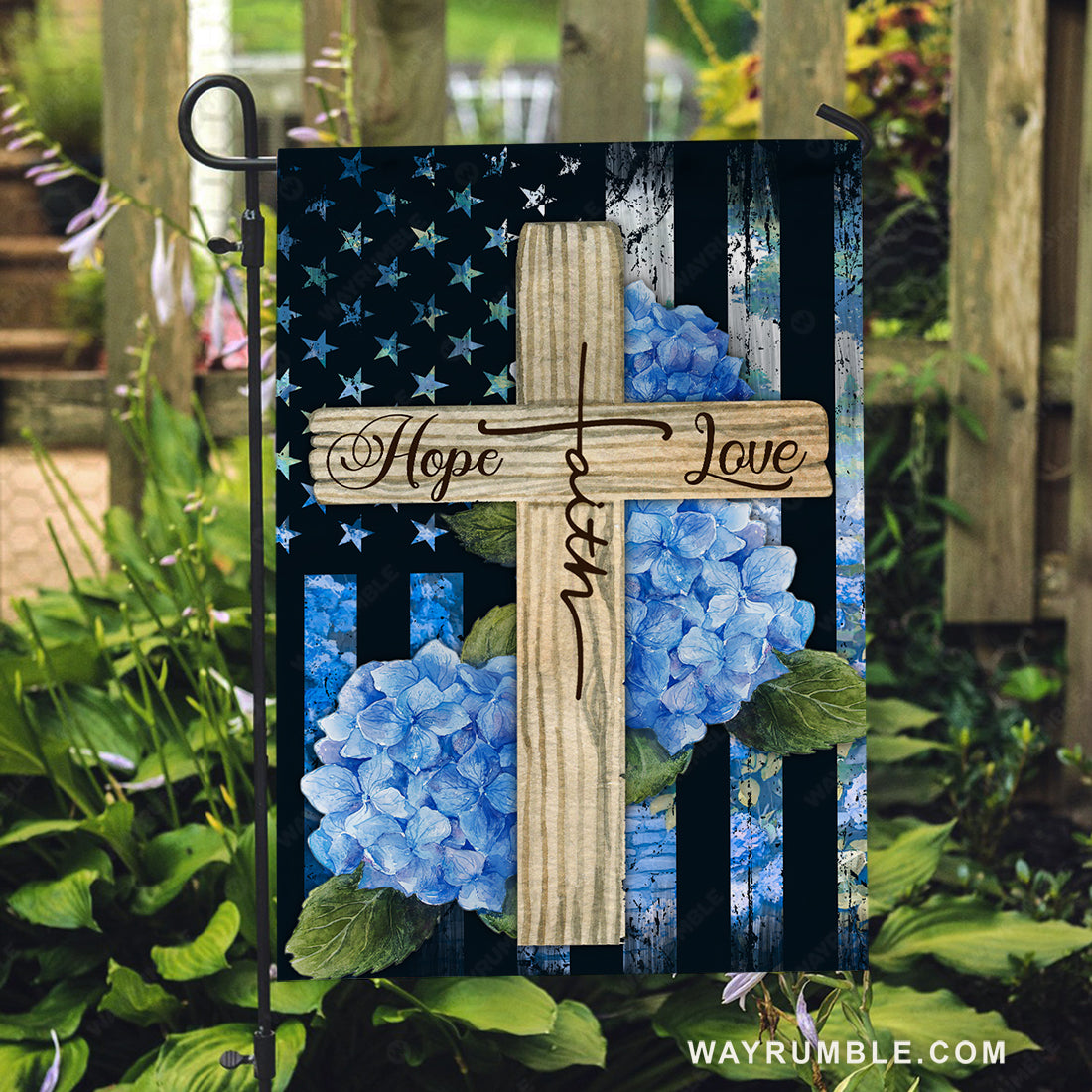 Beautiful cross, Blue hydrangea garden, US flag, Faith, Hope, Love - Jesus Flag