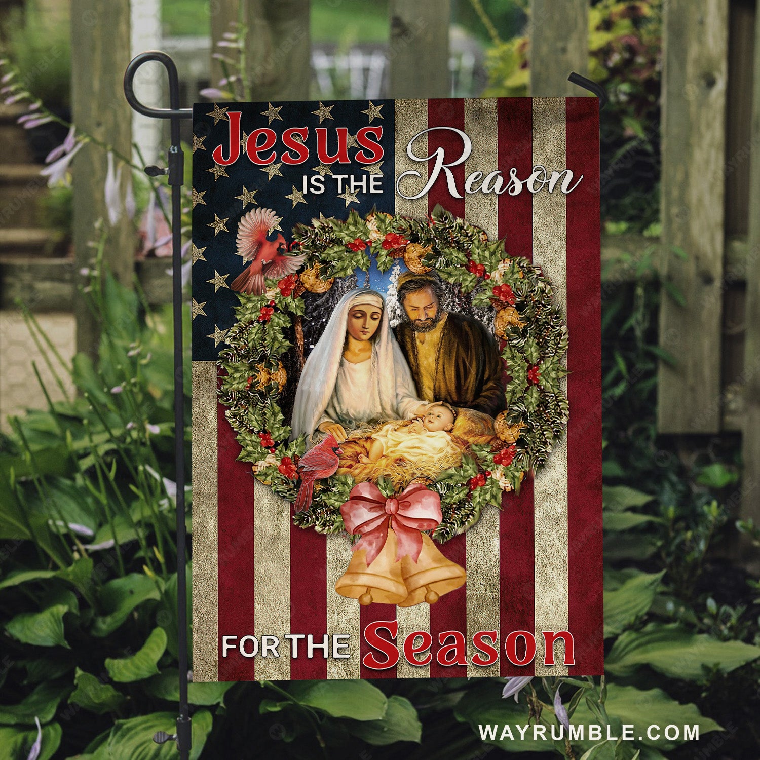 Jesus was born, Christmas night, Christmas wreath, Jesus is the reason for the season - Jesus Flag