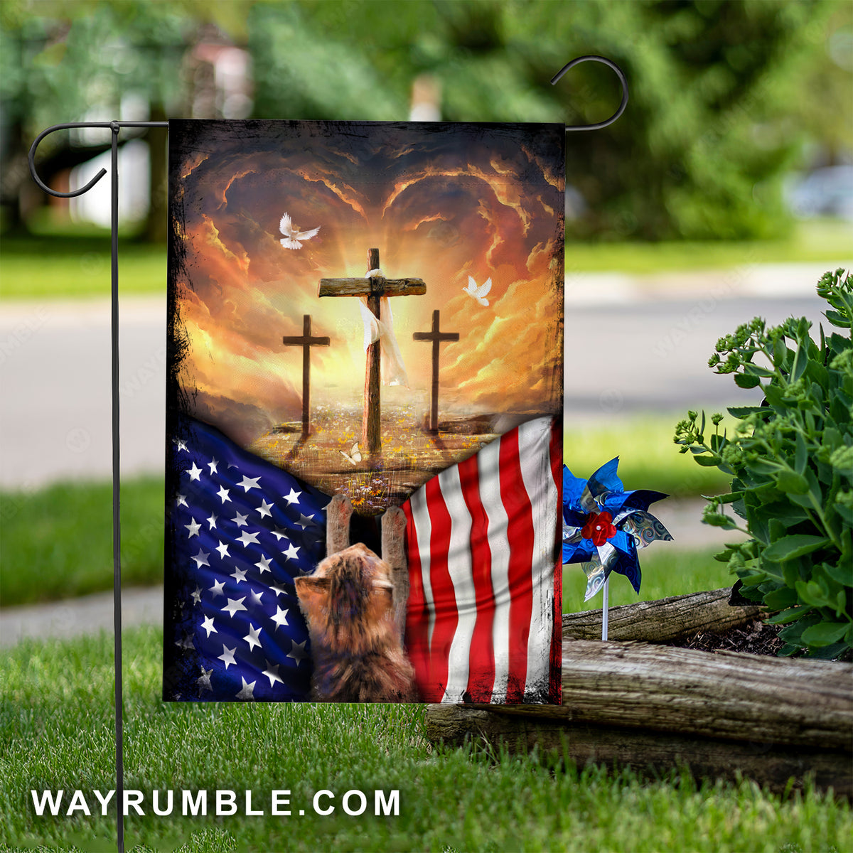 Cross symbol, Orange sunset, Little cat, US flag - Jesus Flag