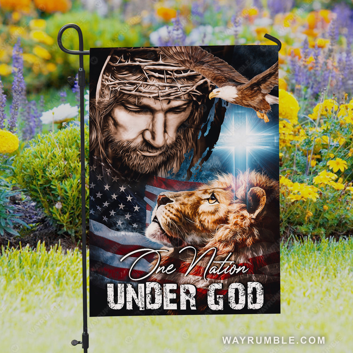 Stunning lion, Eagle drawing, The face of Jesus, One nation under God - Jesus Flag