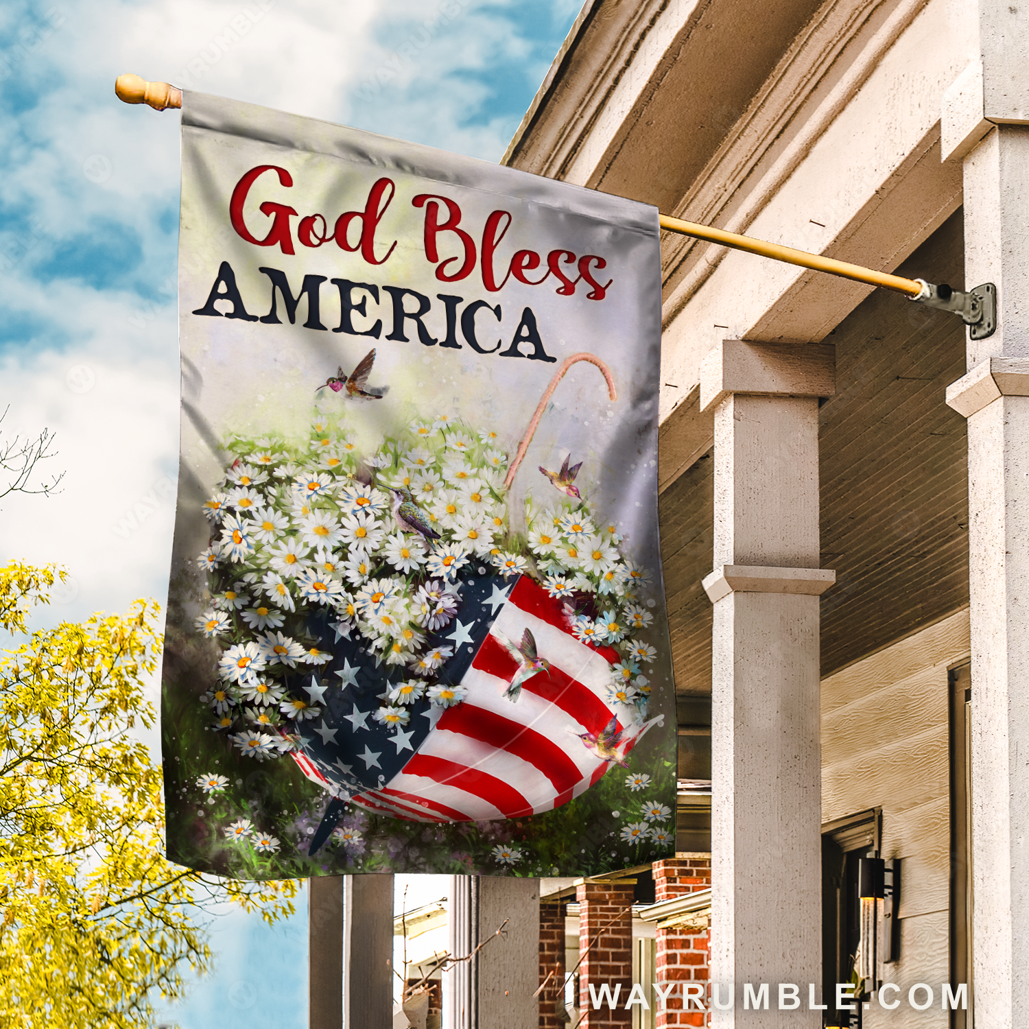 Daisy field, Colorful hummingbird, US flag, God bless America - Jesus Flag