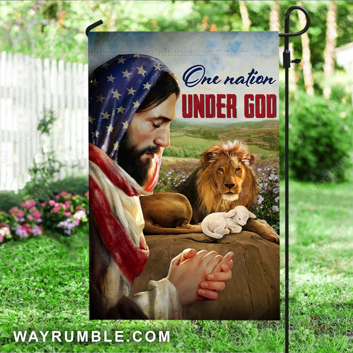Pray with Jesus, Brown lion painting, Little lamb, One nation under God - Jesus Flag