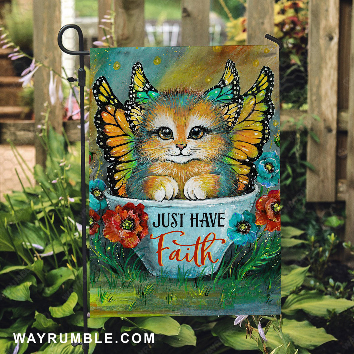 Unique cat, Colorful angel wings, Poppy flower, Just have faith - Jesus Flag