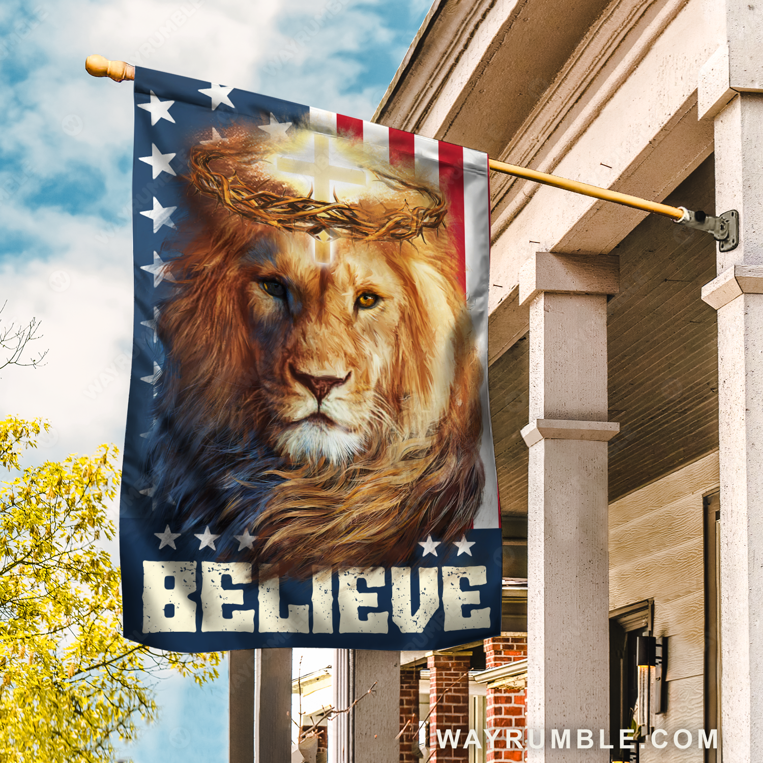 Brown lion drawing, US flag, Crown of thorn, Believe - Jesus Flag