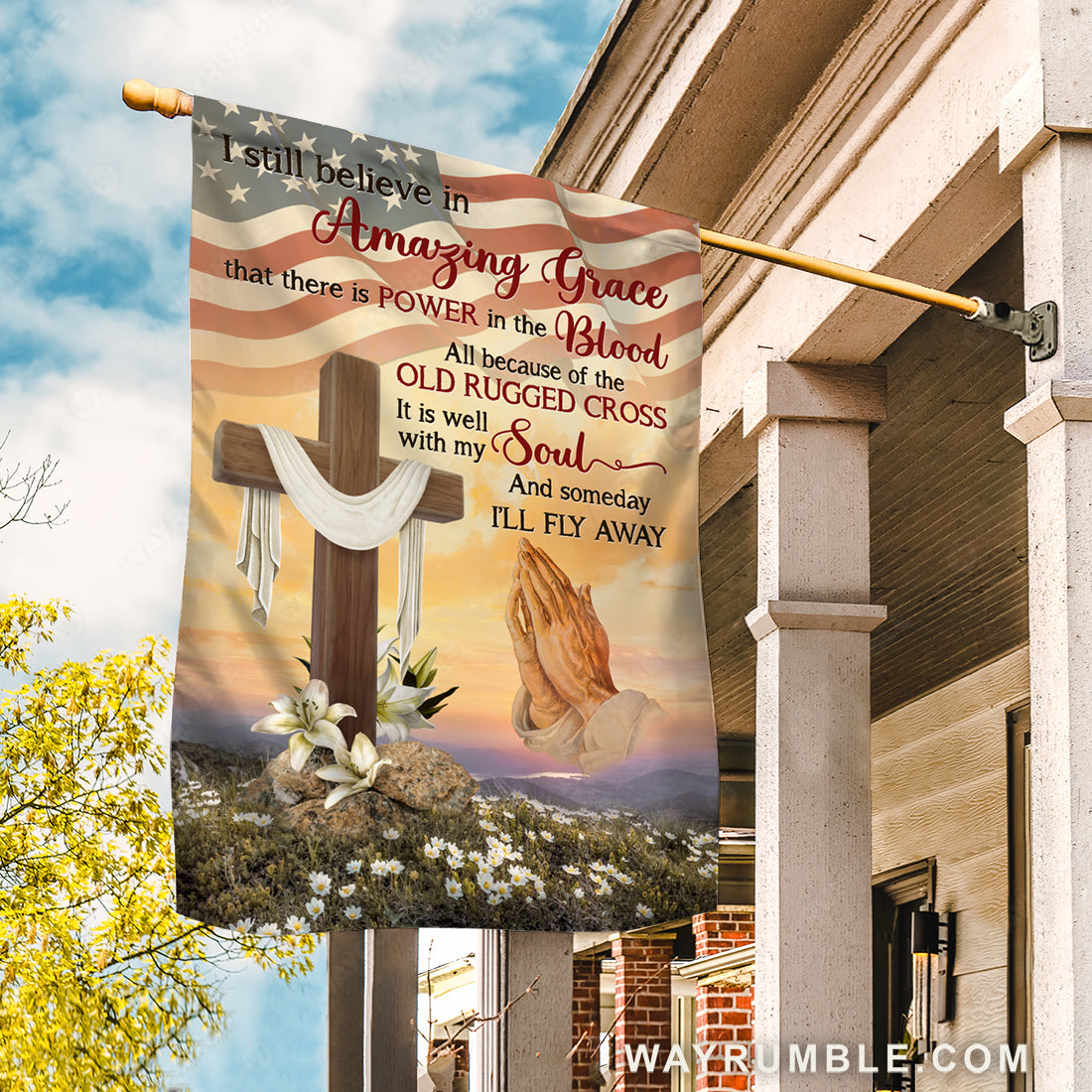 Brown cross, Lily flower, US flag, Pray for healing, I still believe in amazing grace - Jesus Flag