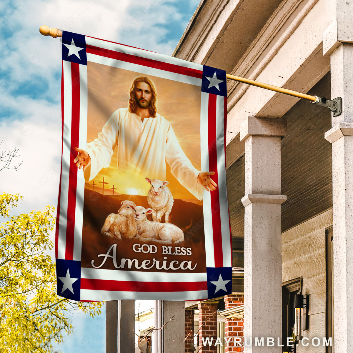 Jesus calls, White lamb, Jesus is king, God bless America - Jesus Flag