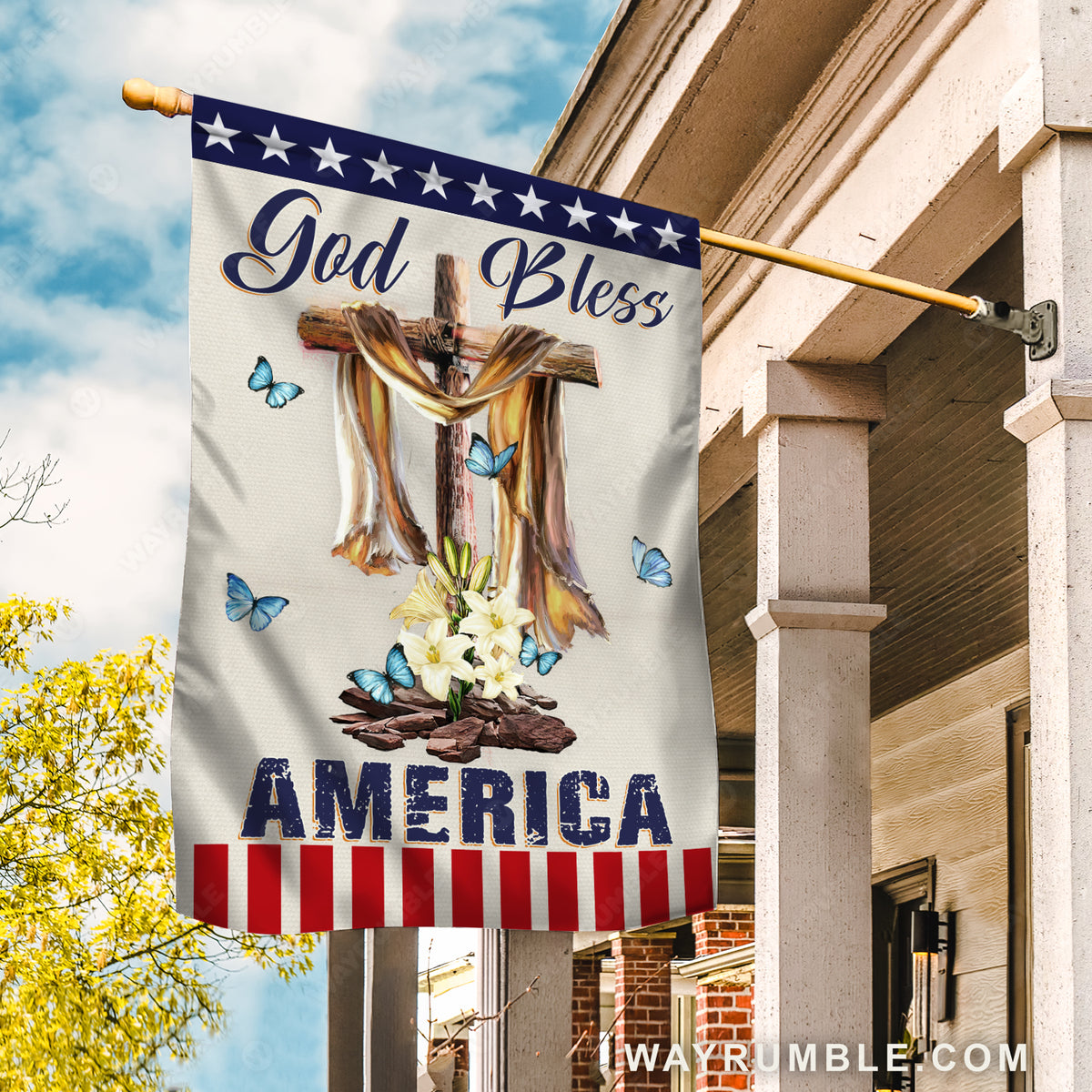 Lily flower drawing, Wooden cross, Blue butterfly, God bless America - Jesus Flag