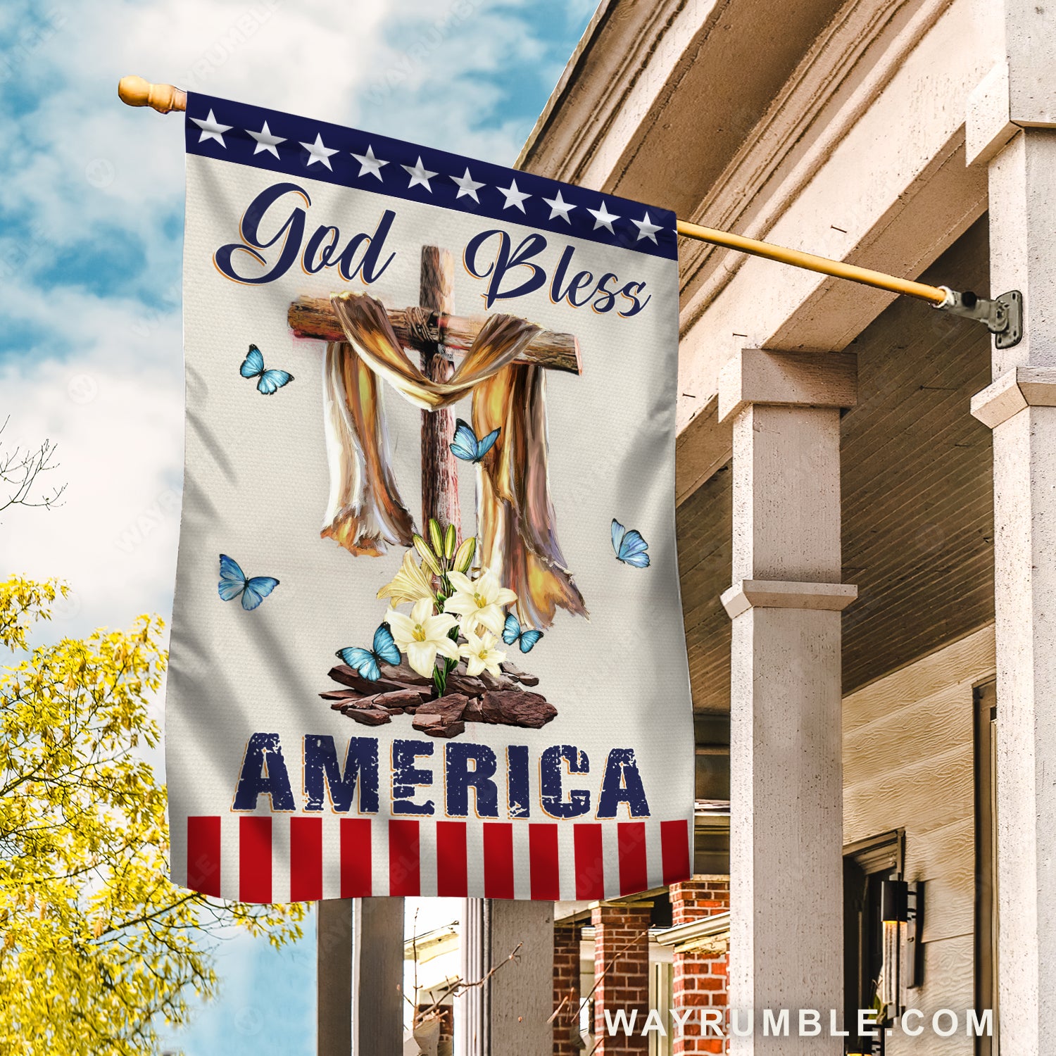 Lily flower drawing, Wooden cross, Blue butterfly, God bless America - Jesus Flag