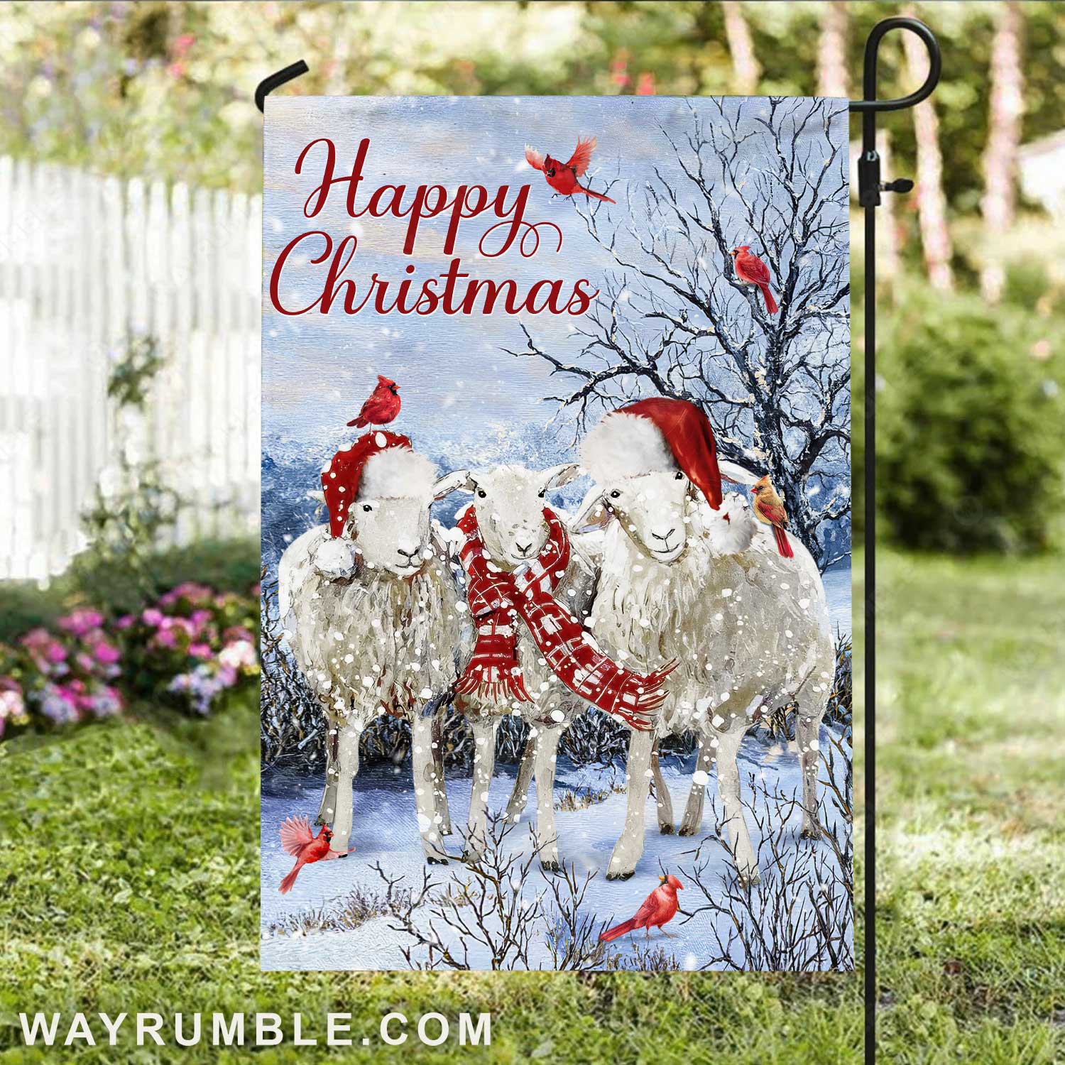 White goat painting, Winter forest, Red cardinal, Happy Christmas - Jesus Flag