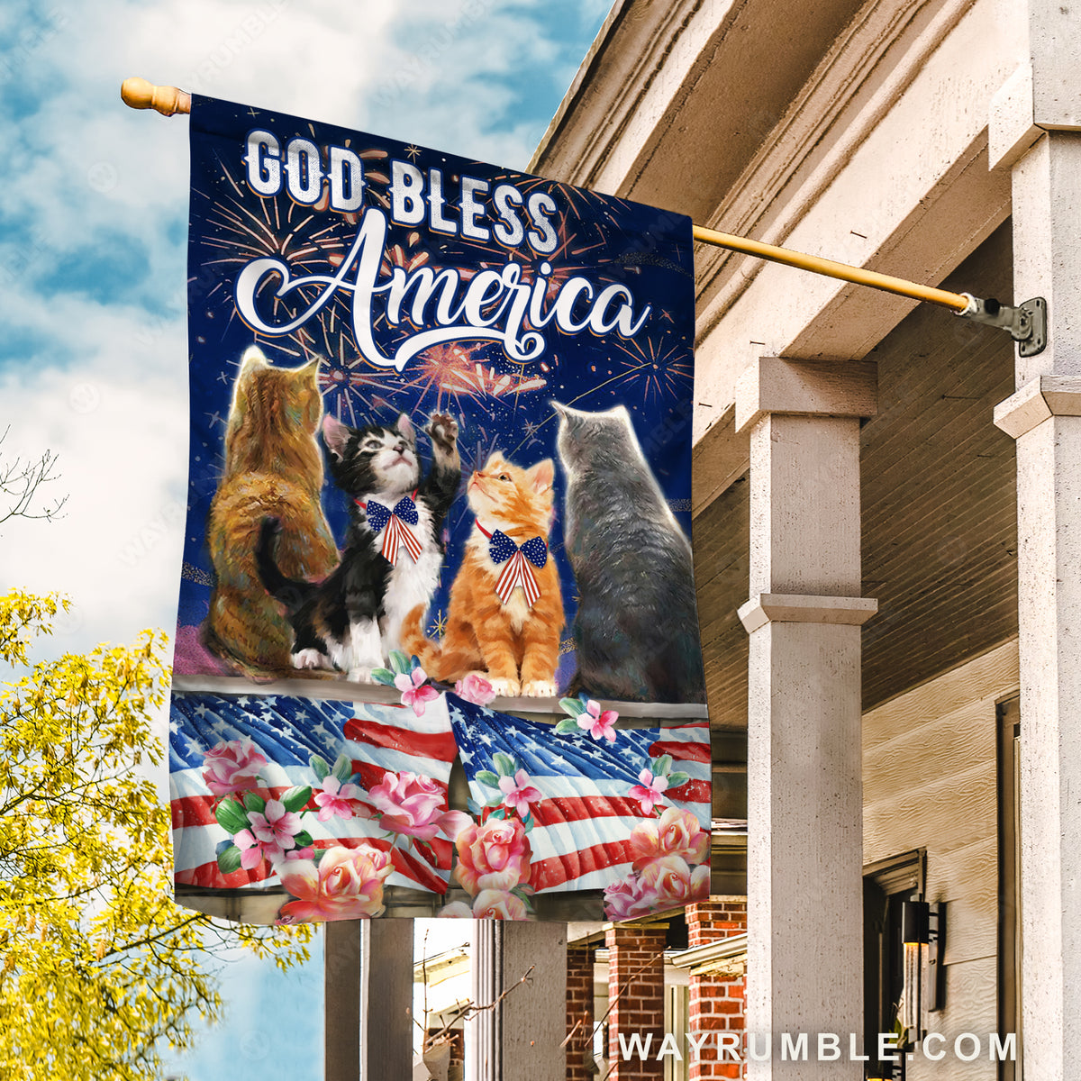 Little cat drawing, Brilliant firework, Pink rose, God bless America - Jesus Flag