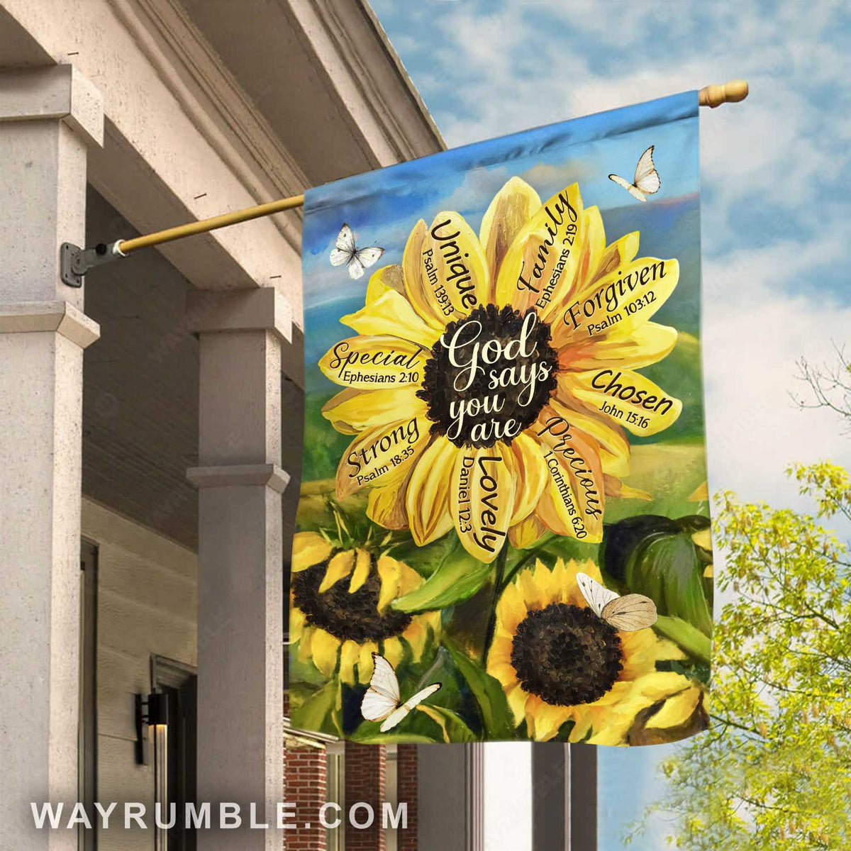 Stunning sunflower, Sunflower field, Small butterfly, God says you are unique - Jesus Flag