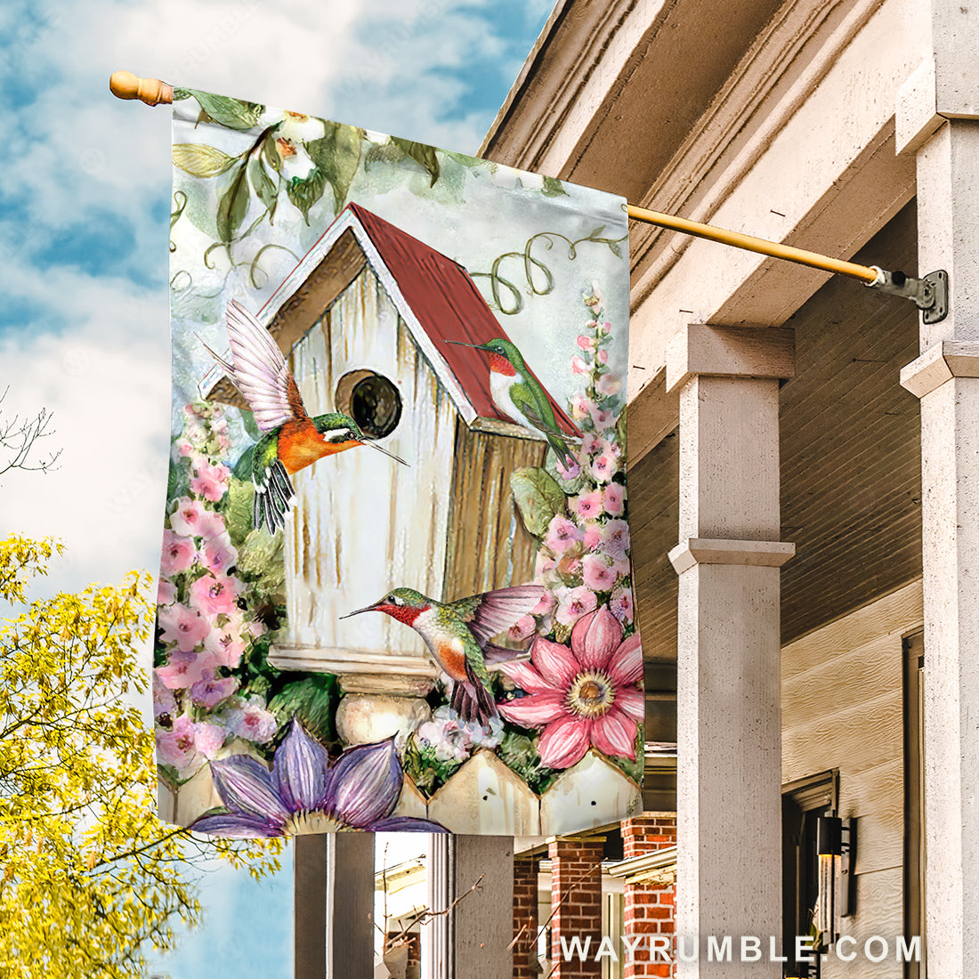 Antique birdhouse, Colorful hummingbird, Pink flower garden - Jesus Flag
