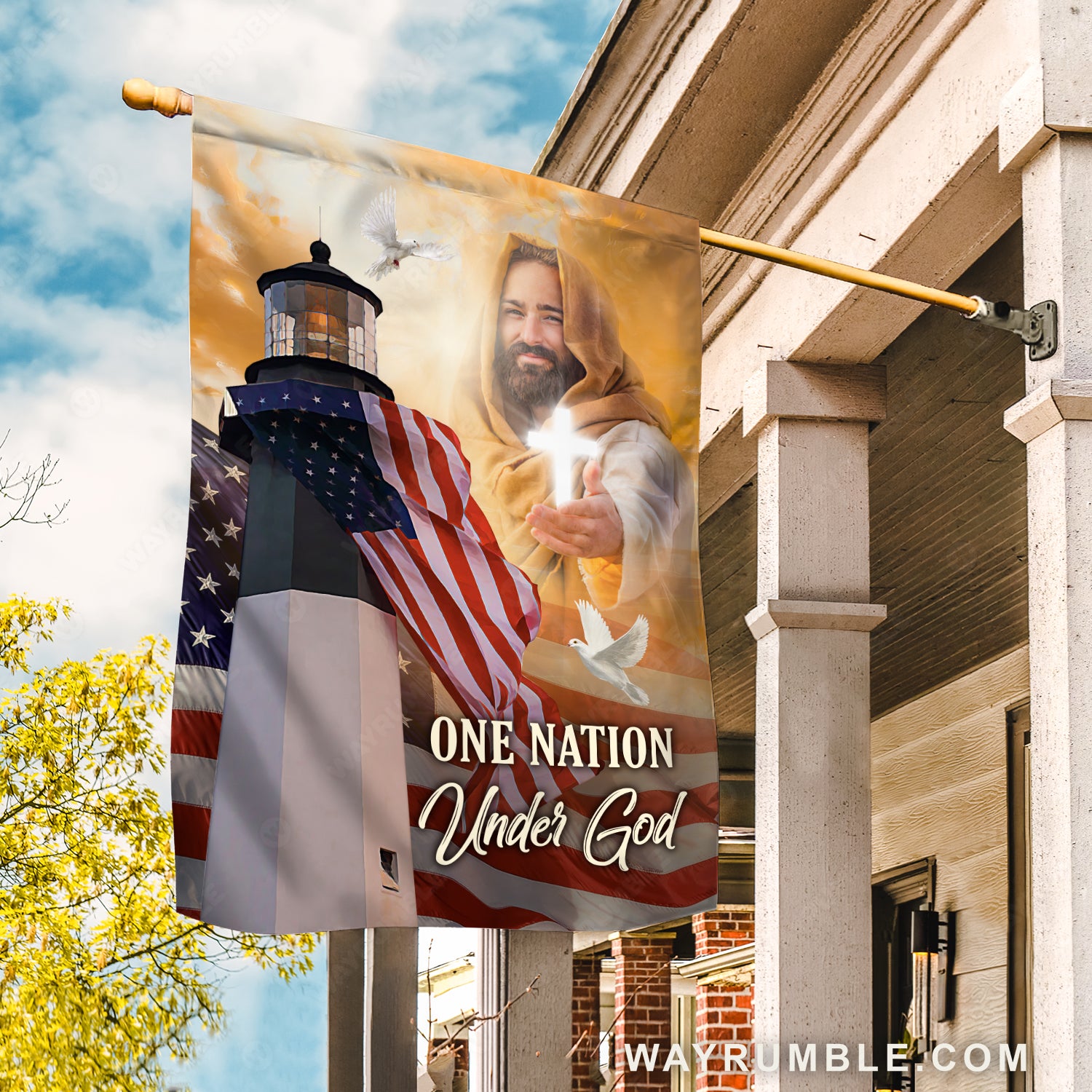 Watercolor lighthouse, Jesus drawing, US flag, White dove, One nation under God - Jesus Flag