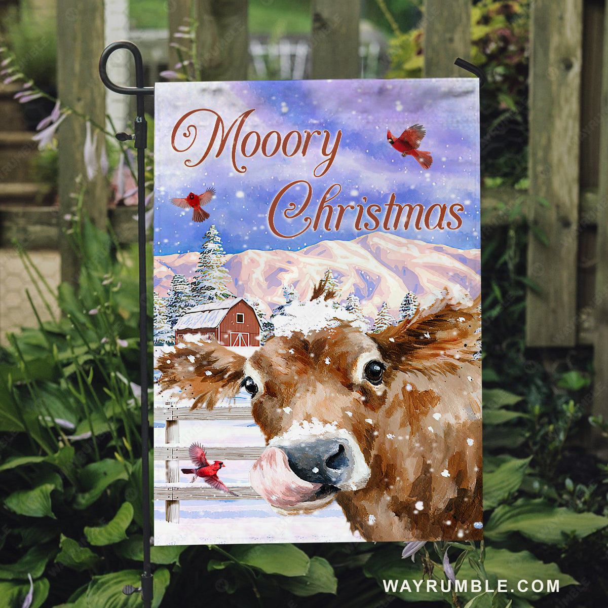 Watercolor cow, Purple sky, Winter painting, Mooory Christmas - Jesus Flag