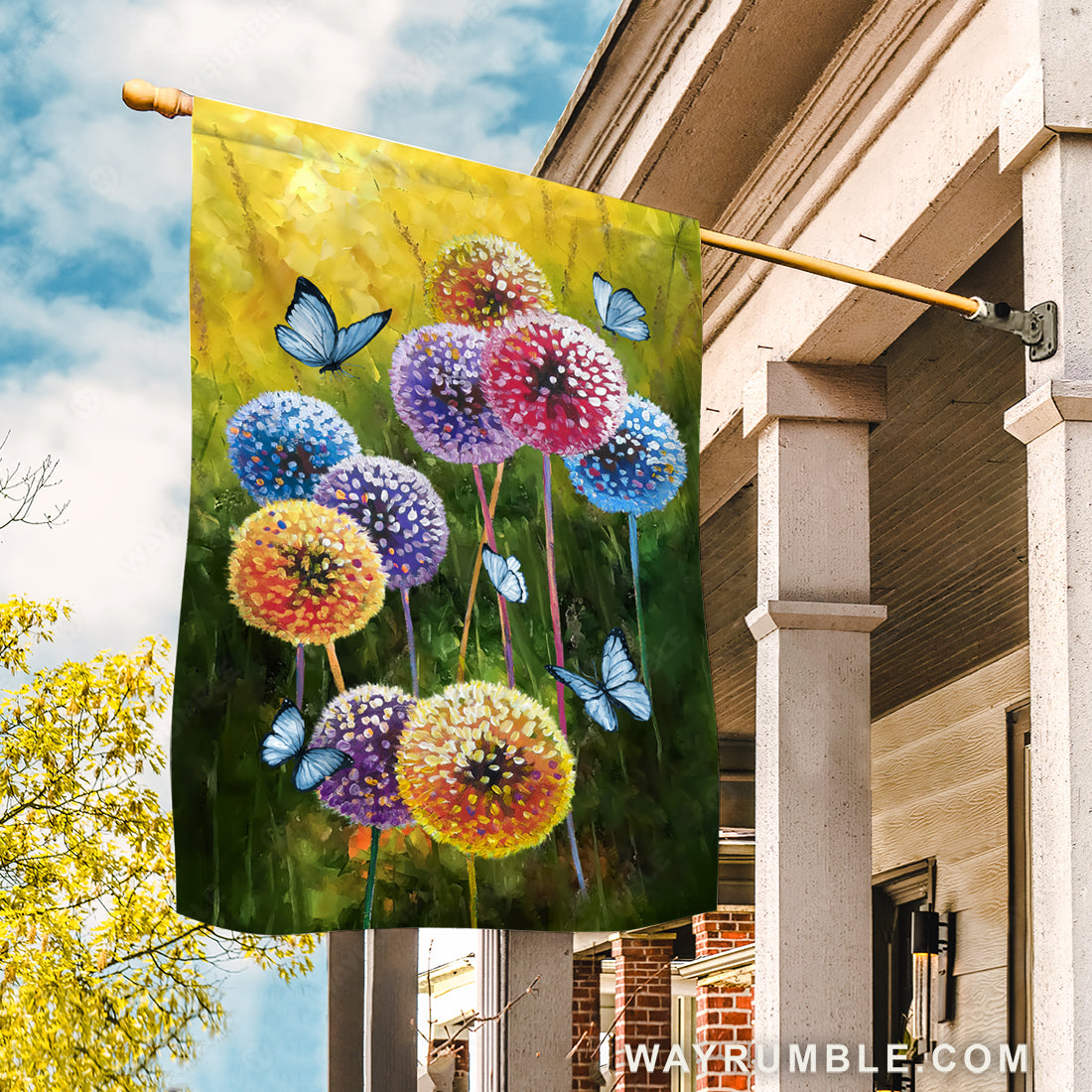 Colorful dandelion drawing, Blue butterfly, Meadow land - Jesus Flag
