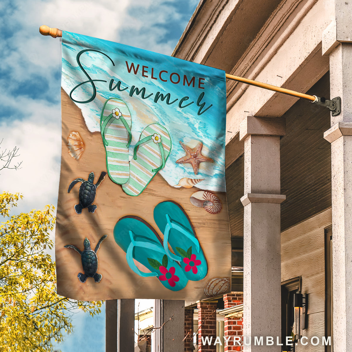 Pretty flip flops, Blue ocean, Amazing sea turtle, Welcome summer - Jesus Flag